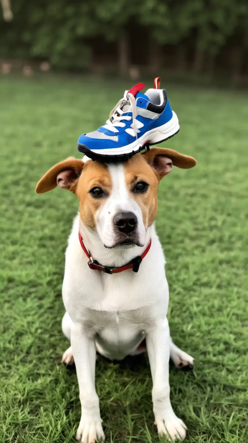 dog with a shoe on top of its head