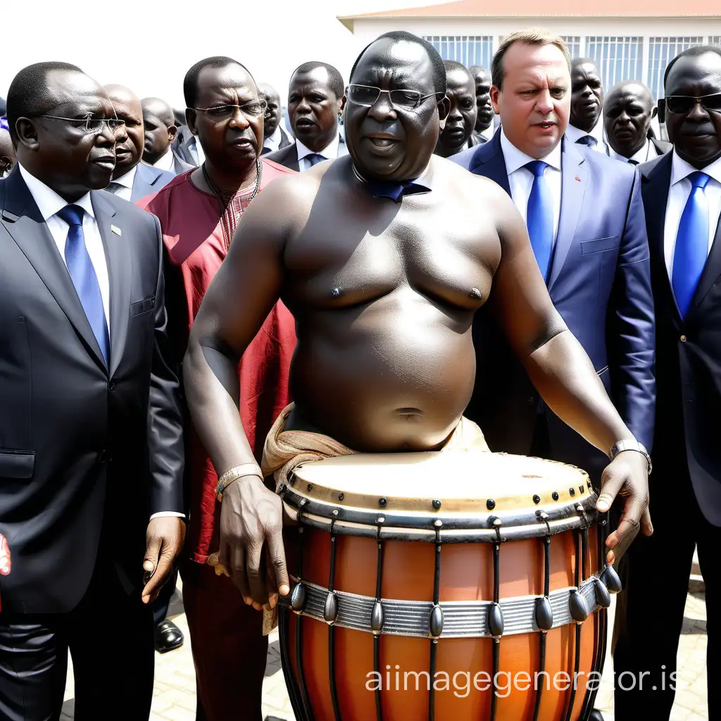 An African drum player, bare-chested, with the build of Senegalese President Macky Sall, under the control of European slavers.
