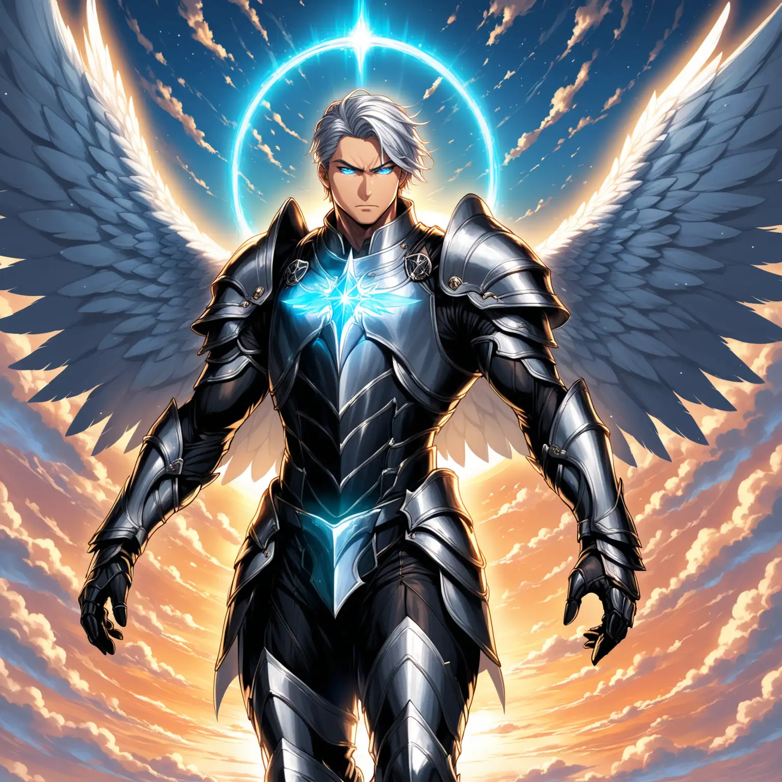 1 man. He is the god of Dusk and a paladin. He is an angel with huge wings and a halo of silver light. He is handsome and muscular. He has undercut silver hair and light blue bright glowing eyes. He has a silver aura around him. He is wearing black knight armor with silver trim. He is flying in the sky and it's sundown. He is not wearing a helmet. He has an enraged expression. He is about to attack.