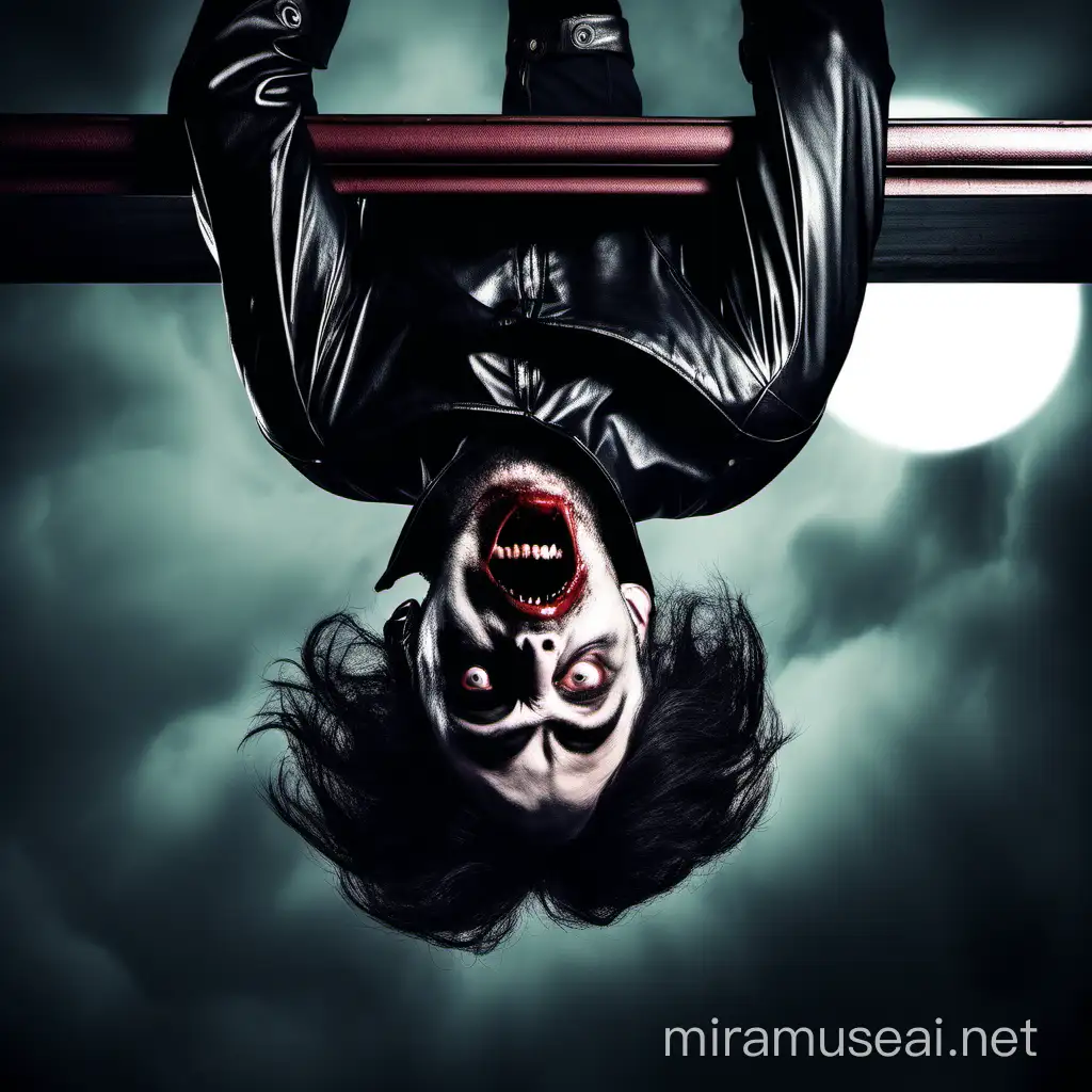 A vampire man hanging upside down and having a killer romantic expression on his face