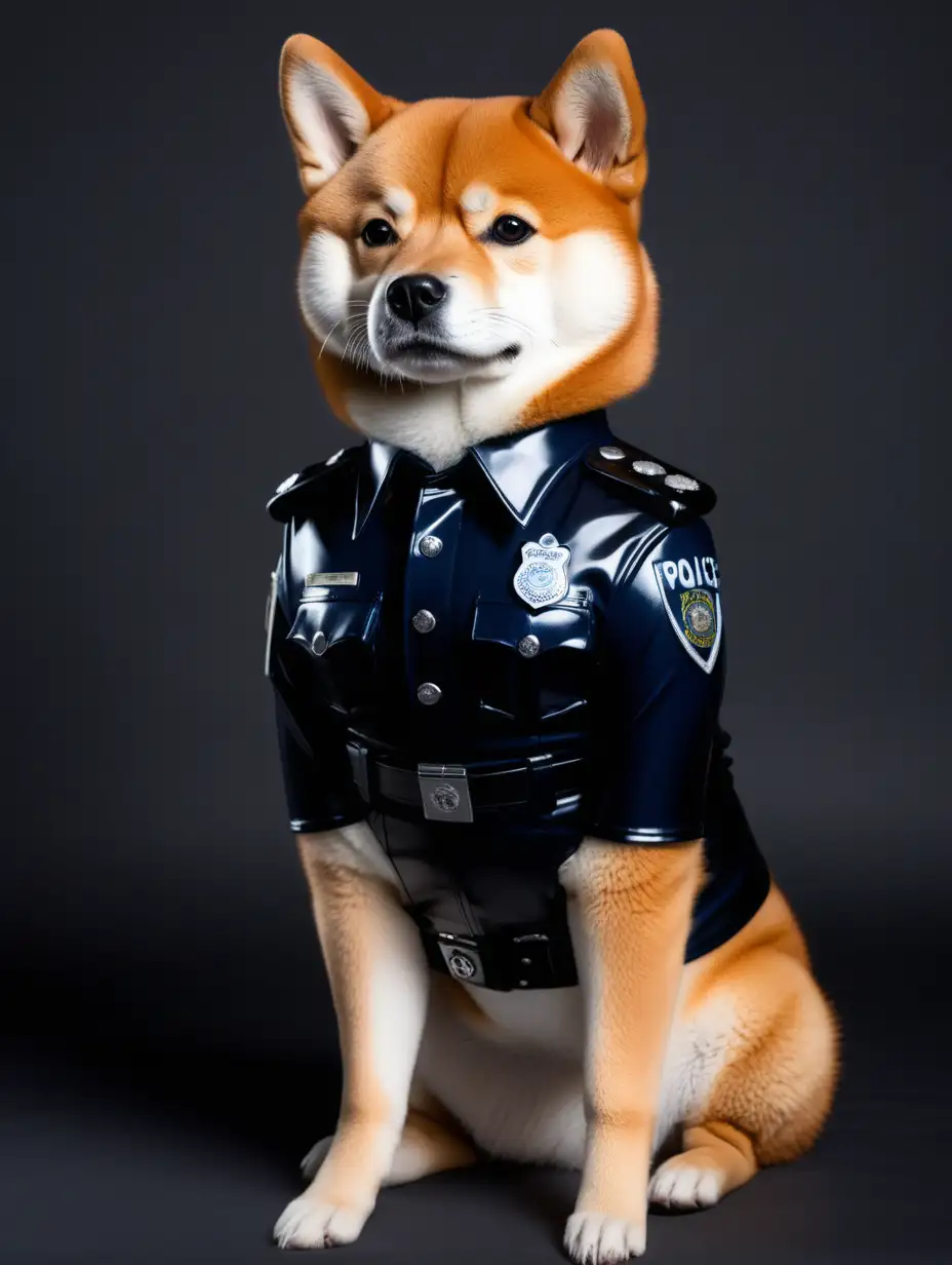 Adorable Red Shiba Inu Wearing Latex Police Uniform