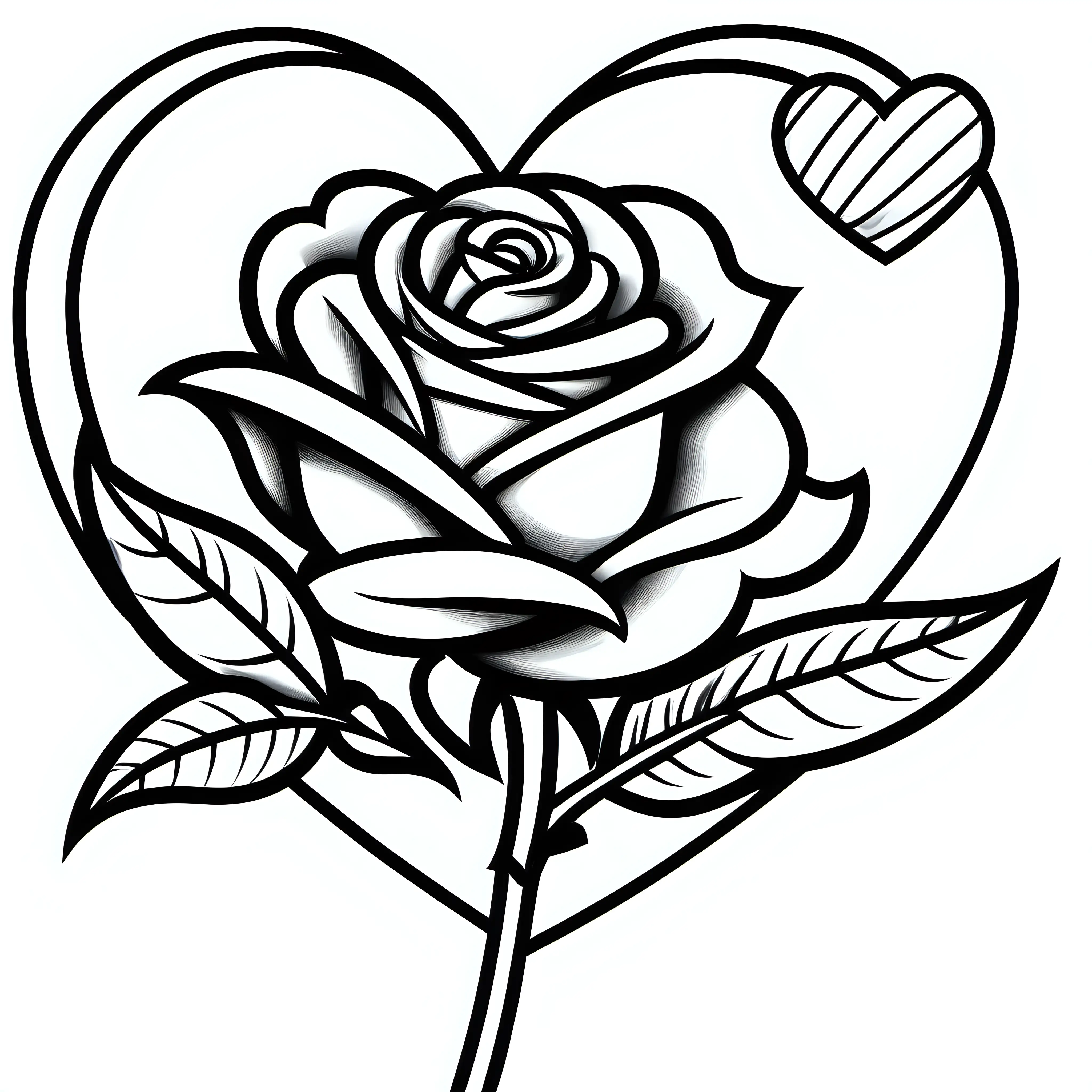 /imagine coloring pages for kids, Valentine's Day 
rose with stem next to a heart, cartoon style, thick lines, low detail, no shading, black and white - - ar 85:110