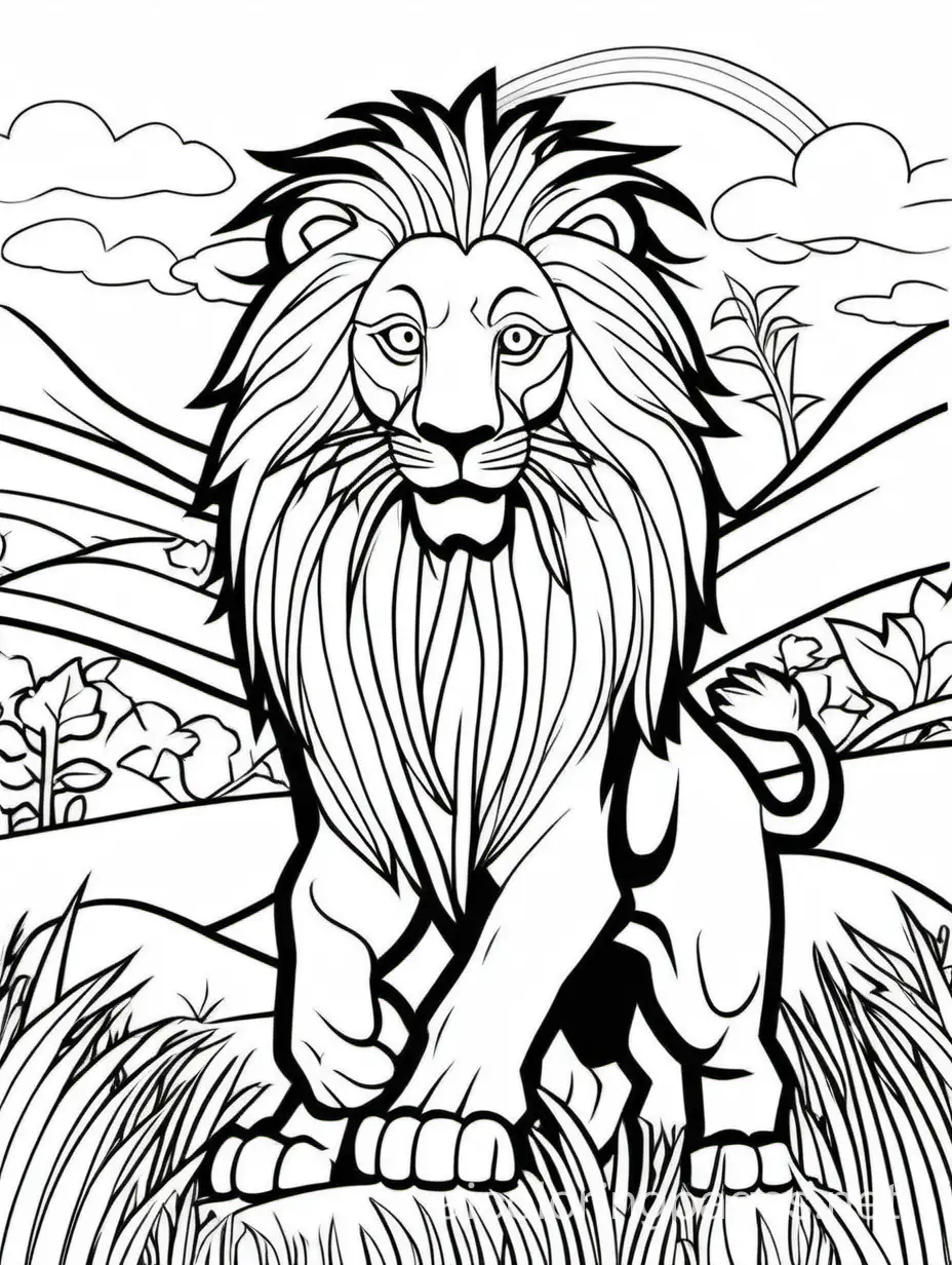 Lion in action, coloring book page, clear thick outlines, savanna background, –no complex patterns, shading, color, sketch, color, –ar 2:3, Coloring Page, black and white, line art, white background, Simplicity, Ample White Space. The background of the coloring page is plain white to make it easy for young children to color within the lines. The outlines of all the subjects are easy to distinguish, making it simple for kids to color without too much difficulty, Coloring Page, black and white, line art, white background, Simplicity, Ample White Space. The background of the coloring page is plain white to make it easy for young children to color within the lines. The outlines of all the subjects are easy to distinguish, making it simple for kids to color without too much difficulty