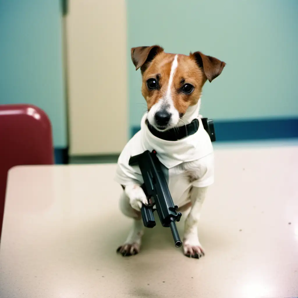 jack russel armed and dangerous with a gun at the vet. Shot with a Kodak Gold 400.