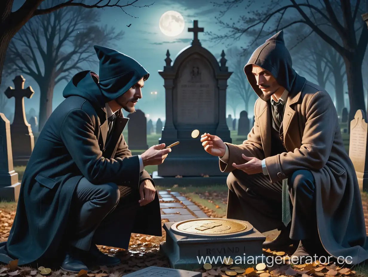 Nighttime-Confrontation-Thieves-Arguing-Over-Gold-Coin-in-Graveyard