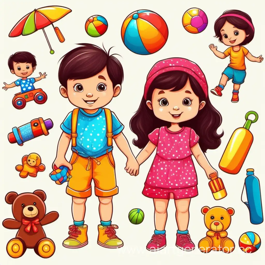 Cheerful-Cartoon-Kids-with-Toys-in-Vibrant-Summer-Attire