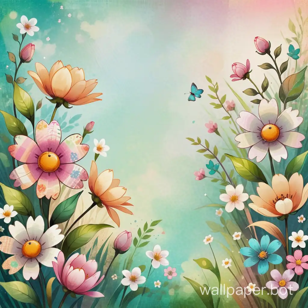 Grunge spring background, flowers- patchwork, soft cozy tones, animated style, digital highly detailed painting
