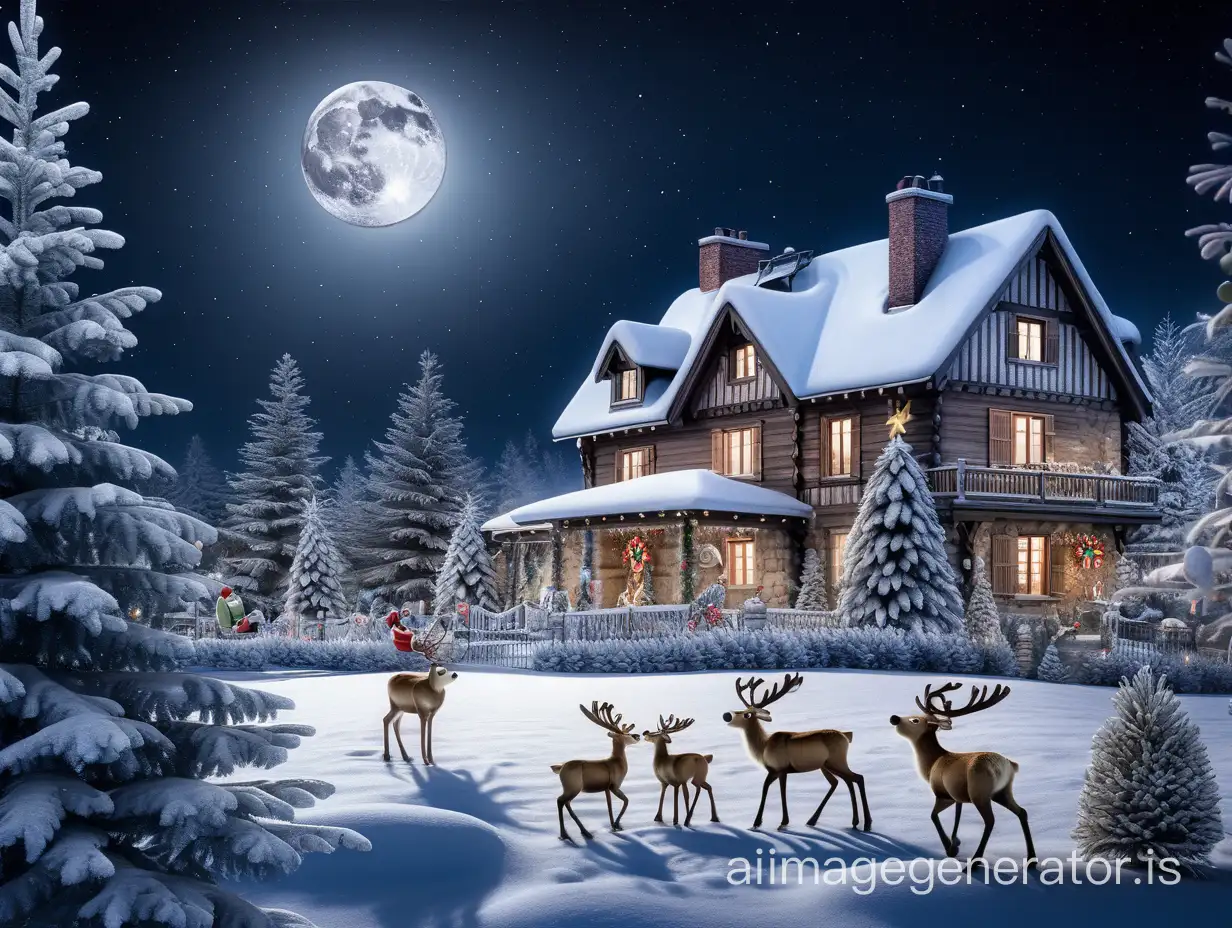 a christmas night where a house is visible which is decorated accoring to christmas at the right and the moon is visible and some raindeers are comming towards the house from the left of the image . the baground of the image has a lot of pine trees covered with snow