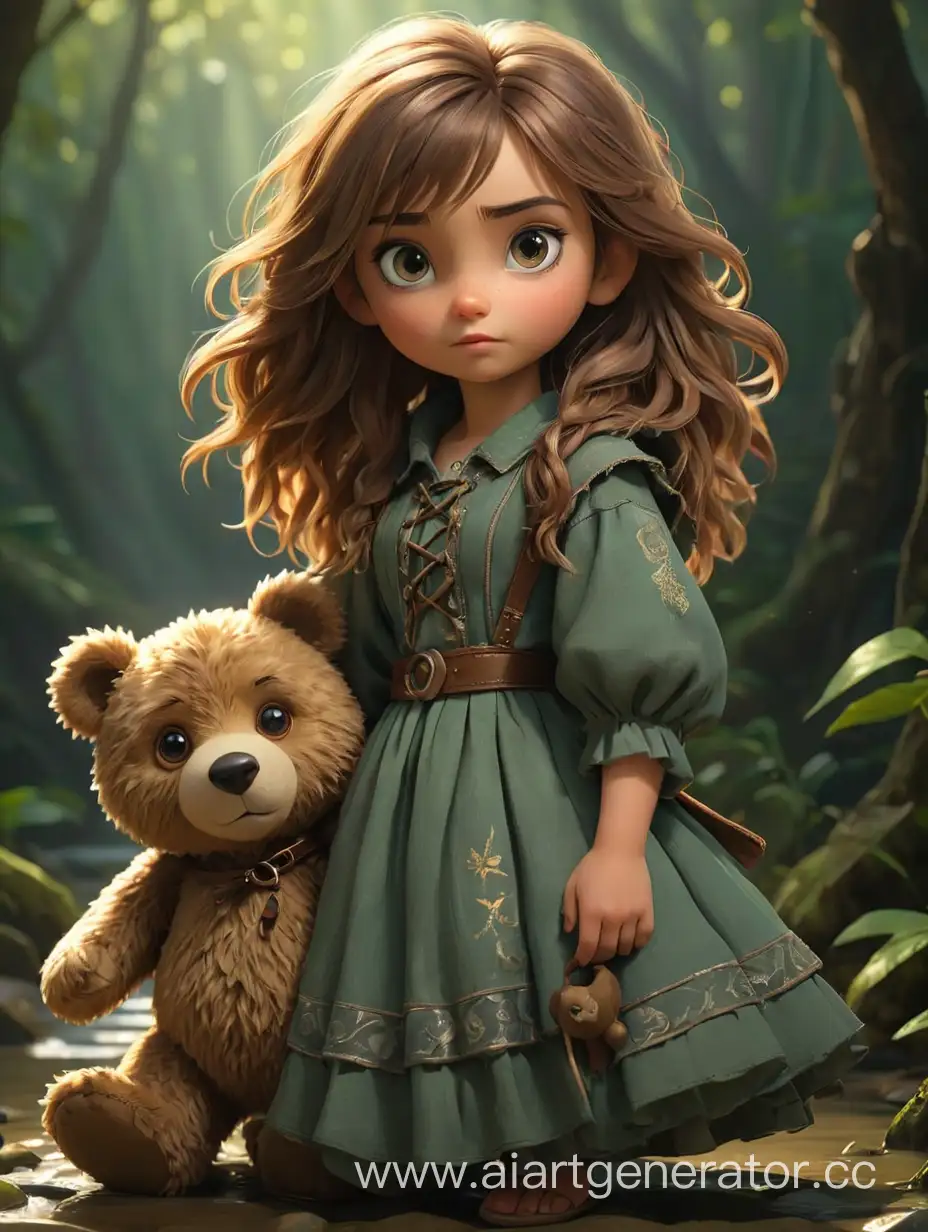 Louise with her teddy bear in full body, natural pose, wearing mystical style clothing, large reflective eyes, side lighting, perfectly drawn eyes, surrealism, sharpness, dynamic lighting, digital painting, fantasy art, clarity, high detail, cinematic image characters, ultra-high quality model, 32k. Style Monica Moreau.