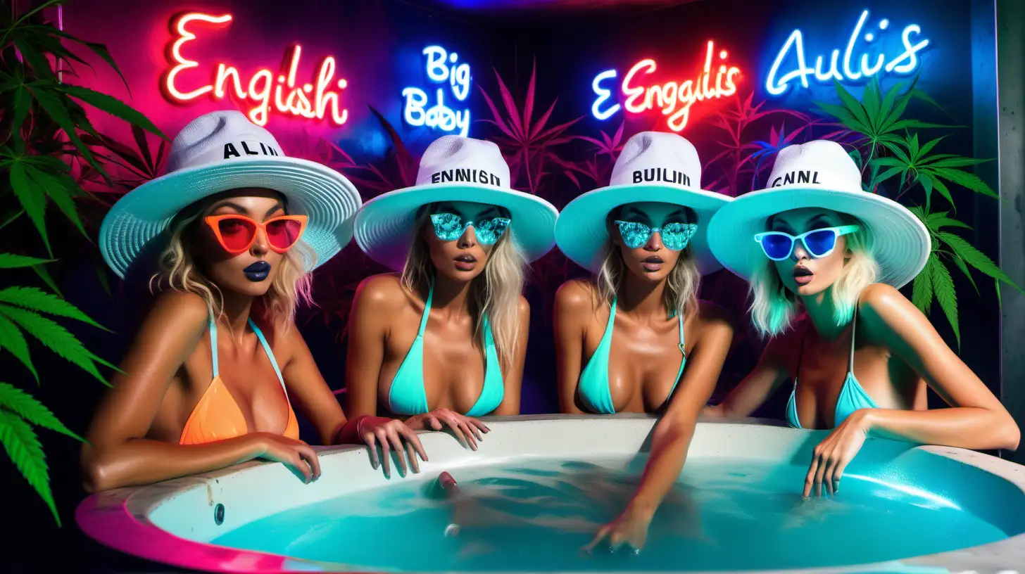 Female Super Models inside hot steaming bubbling baby blue jacuzzi, wearing neon mixed colour big beach female round hats, shatter neon lighted glasses and neon mixed bikini swim wear drinking cocktails smoking cannabis blunt wraps whilst super thick dense Crystally cali budded cannabis plants around the neon sign saying in capital letters saying ENGLISHCALIGENETICS