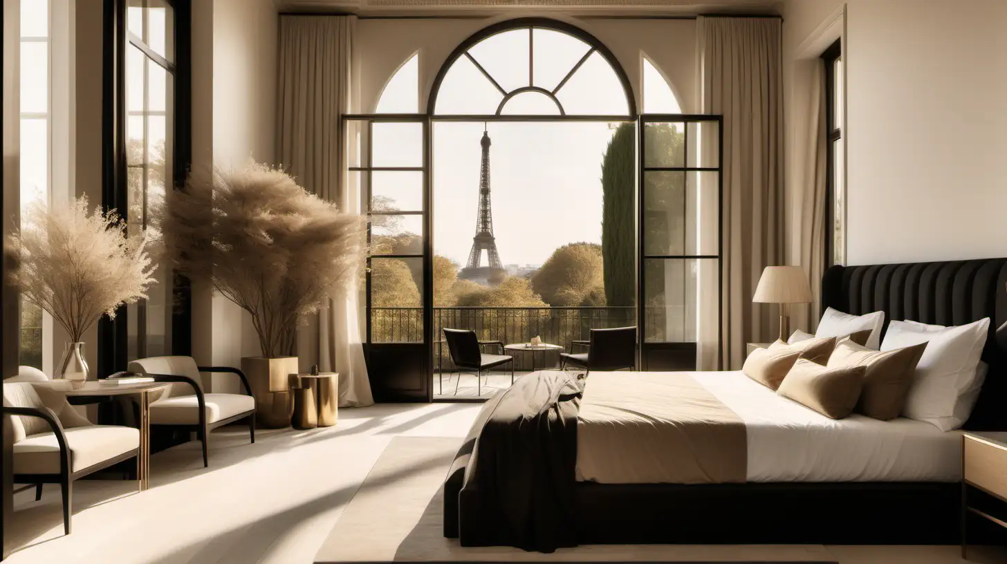 imagine an organic minimalist Parisian large hotel-style home master bedroom with high ceilings in a colour palette of beige, black, oak and brass; sunlight; large windows with a view of the manicured gardens;