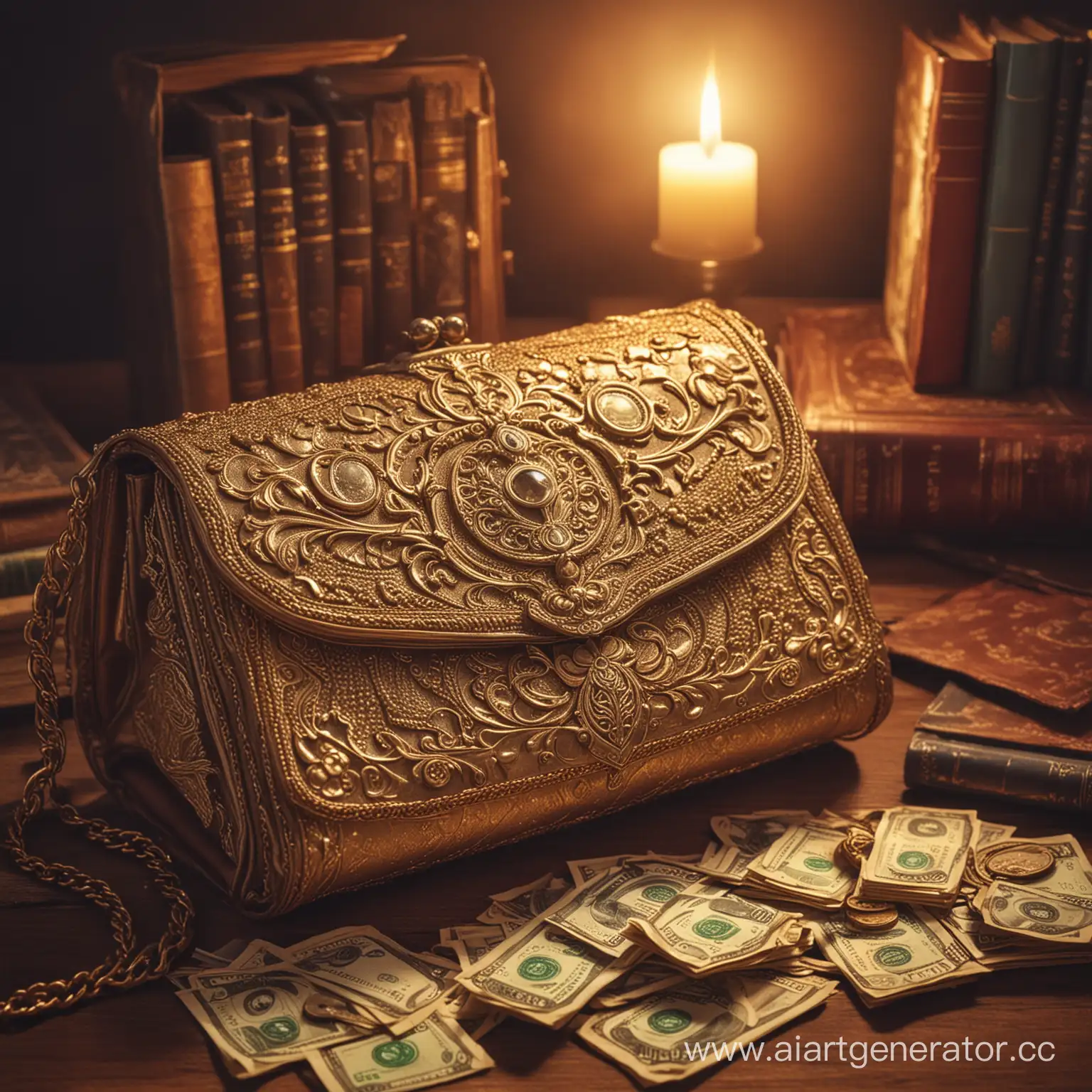 Books, magic, mystery, gold, antique purse with money, warm twilight, antique, atmospheric