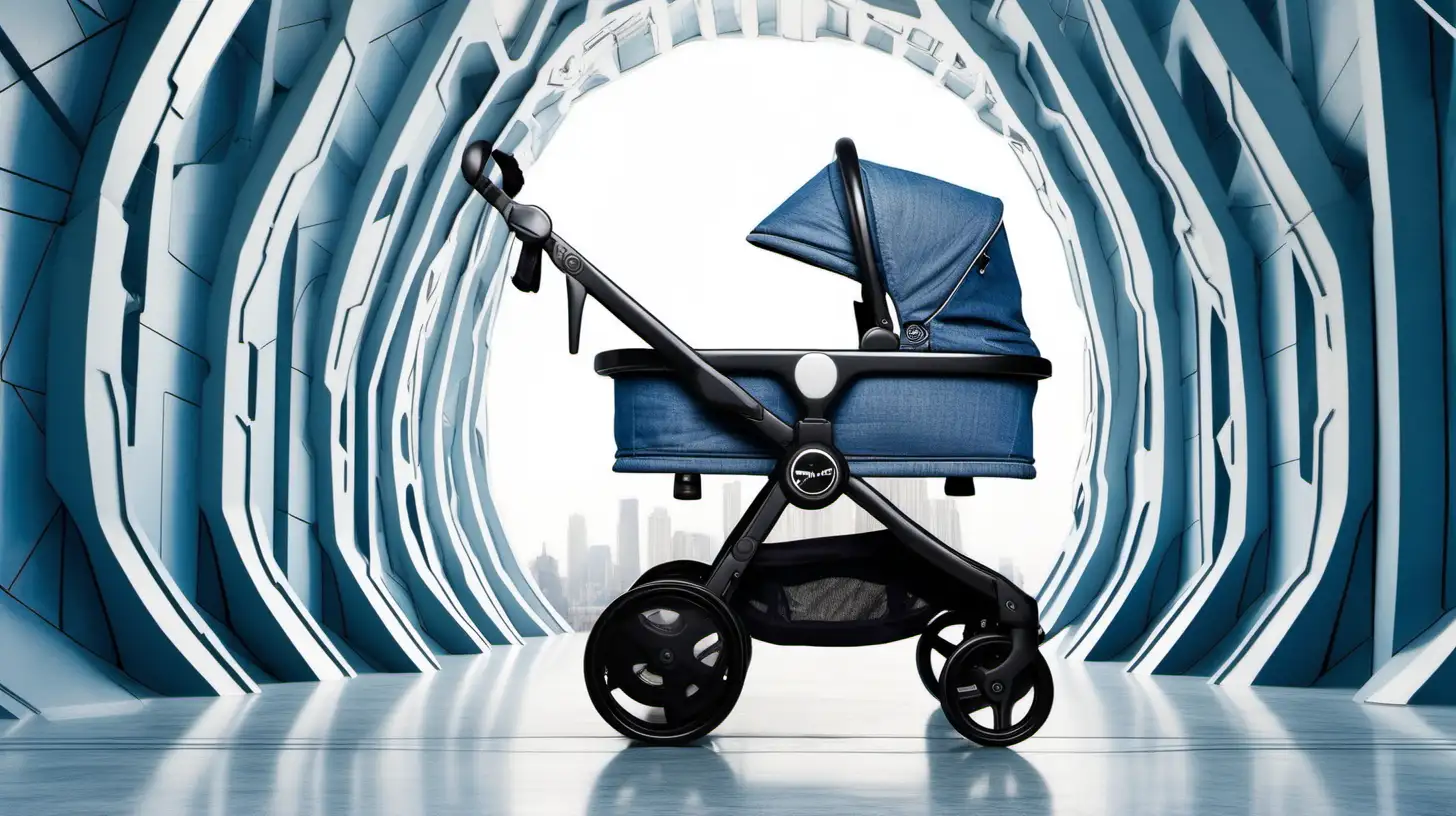 a single futuristic denim stroller set in a futuristic architectural background