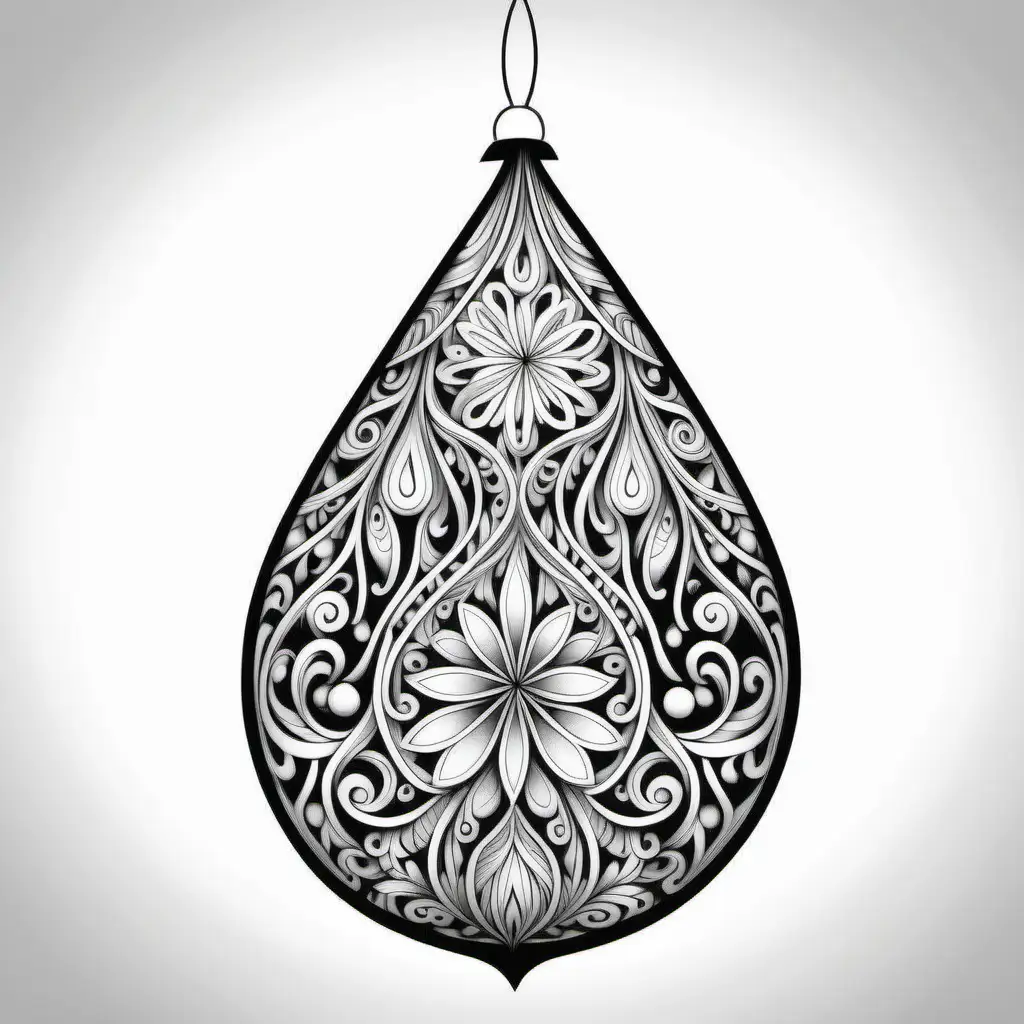 Intricate Black and White Christmas Teardrop Ornament Coloring Page
