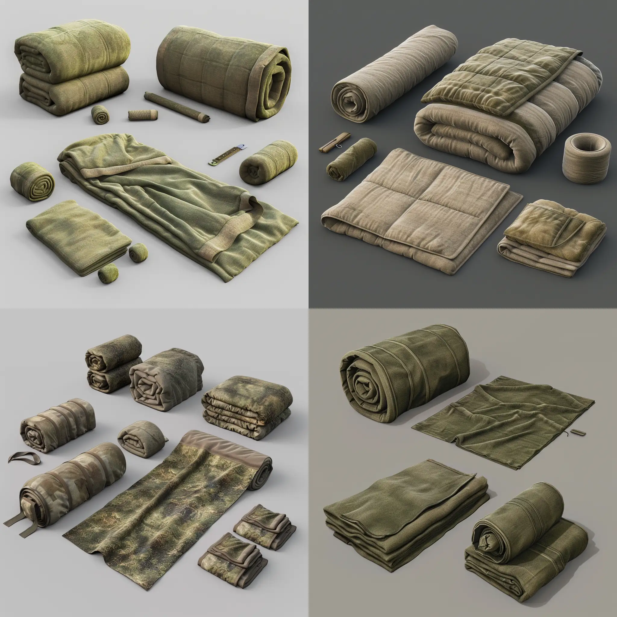 isometric set at right 45 degrees angle, realistic old soviet thick military blanket roll, isometric set, 3d render