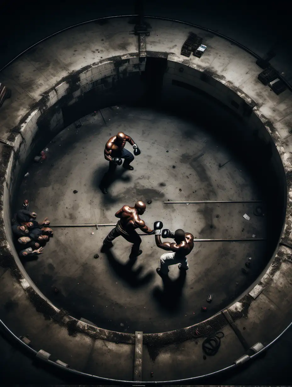 Generate a  a realistic overhead image of two black underground fighters fighting encircled by spectators in a gritty, empty warehouse

