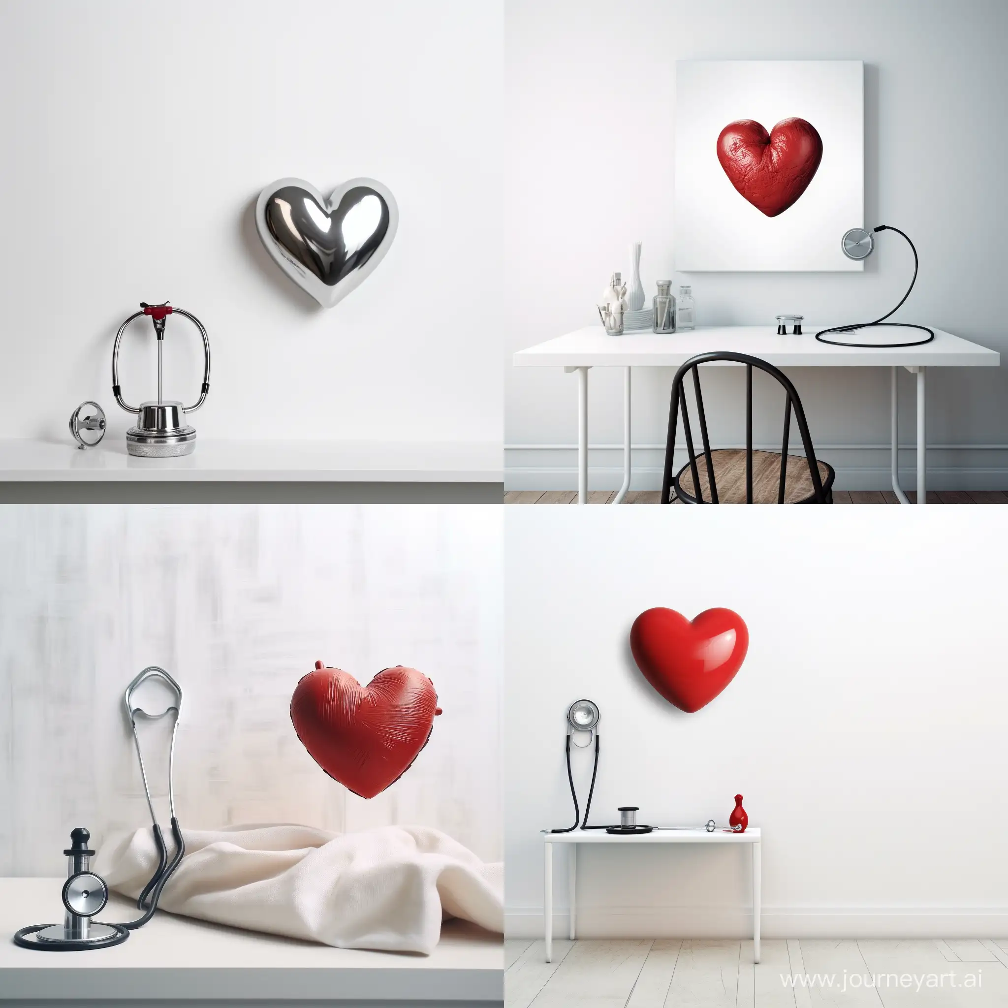 stethoscope, heart, white background. on the table, white wall