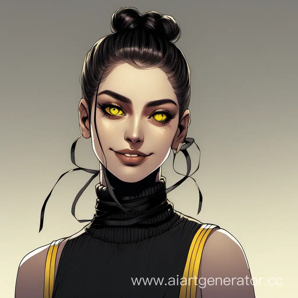Confident-Woman-with-Elegant-Bun-Hairstyle-and-Striking-Yellow-Eyes-in-Black-Attire