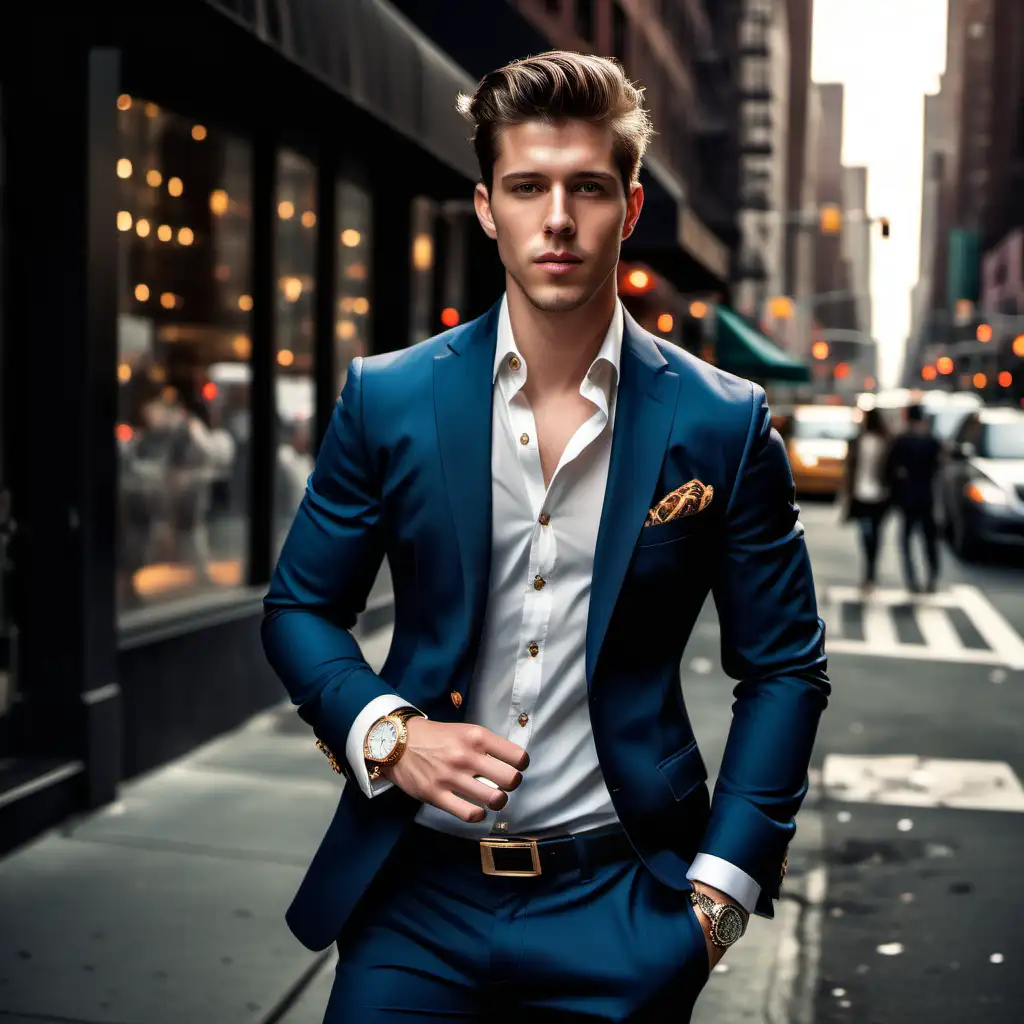 Stylish White Man in Trendy Suit Poses on Manhattan Street