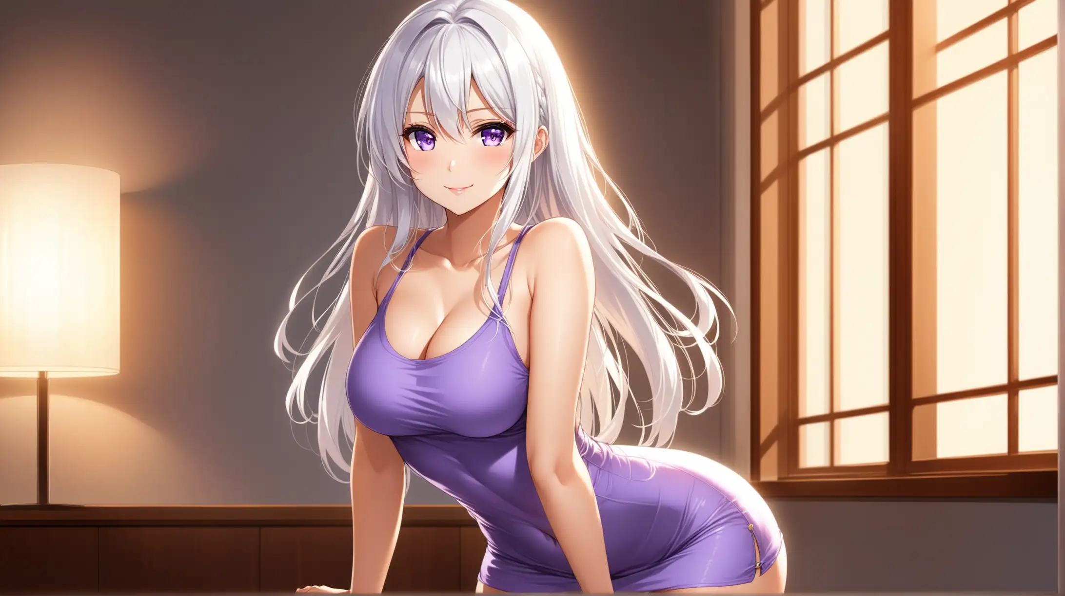 Draw the character Enterprise from Azur Lane, pale violet eyes, white hair, high quality, ambient lighting, long shot, indoors, seductive pose, vibrant minidress, casual clothes, smiling at the viewer