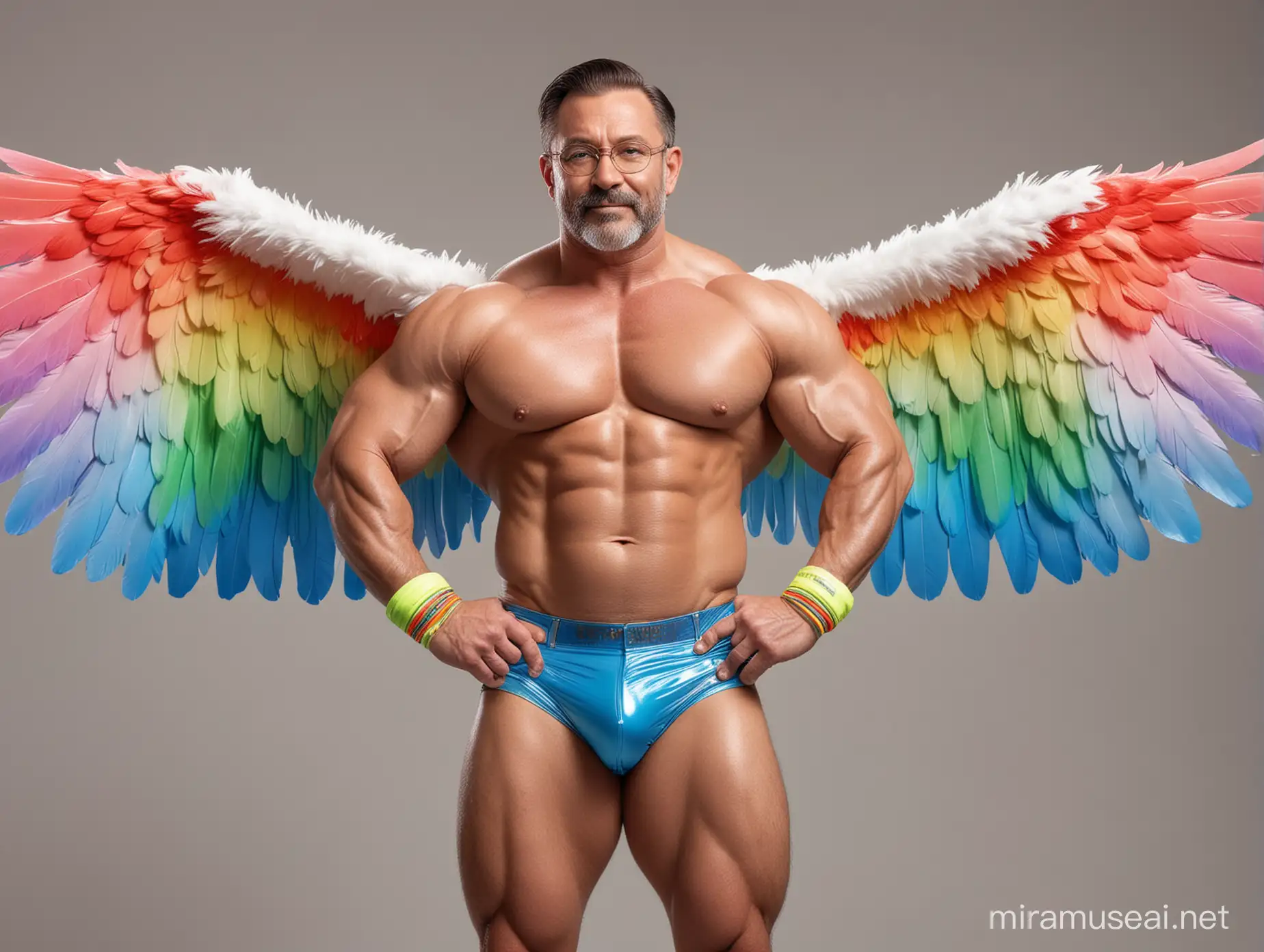 Studio Light Topless 30s Ultra Chunky Bodybuilder Daddy Wearing Multi-Highlighter Bright Rainbow Colored See Through huge Eagle Wings Shoulder Jacket short shorts and Flexing Big Strong Arm with Doraemon