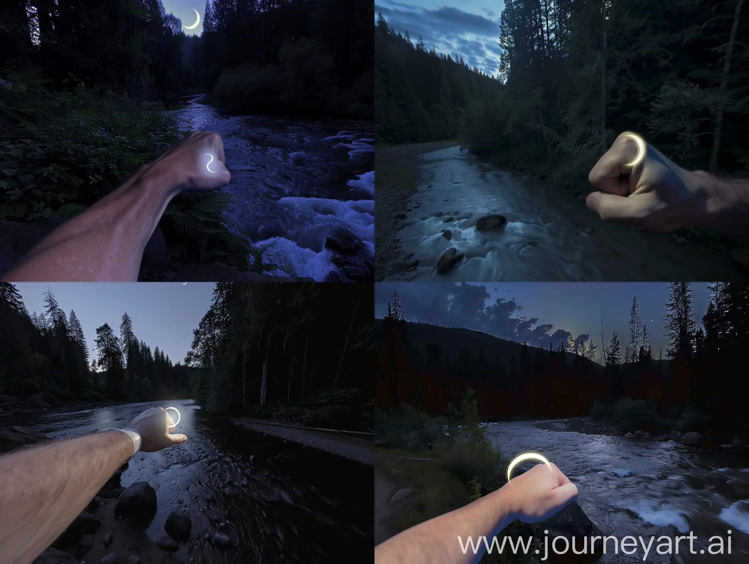 A first-person POV shot of one hand forming a circle across its fist and showing a crescent moon feeling light on a dark night, in a forest and a river --ar 4:3 --s 0 --style raw --v 6 