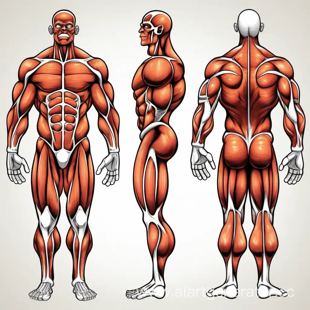 Строение мышечной системы человека, спереди, в мультяшном стиле