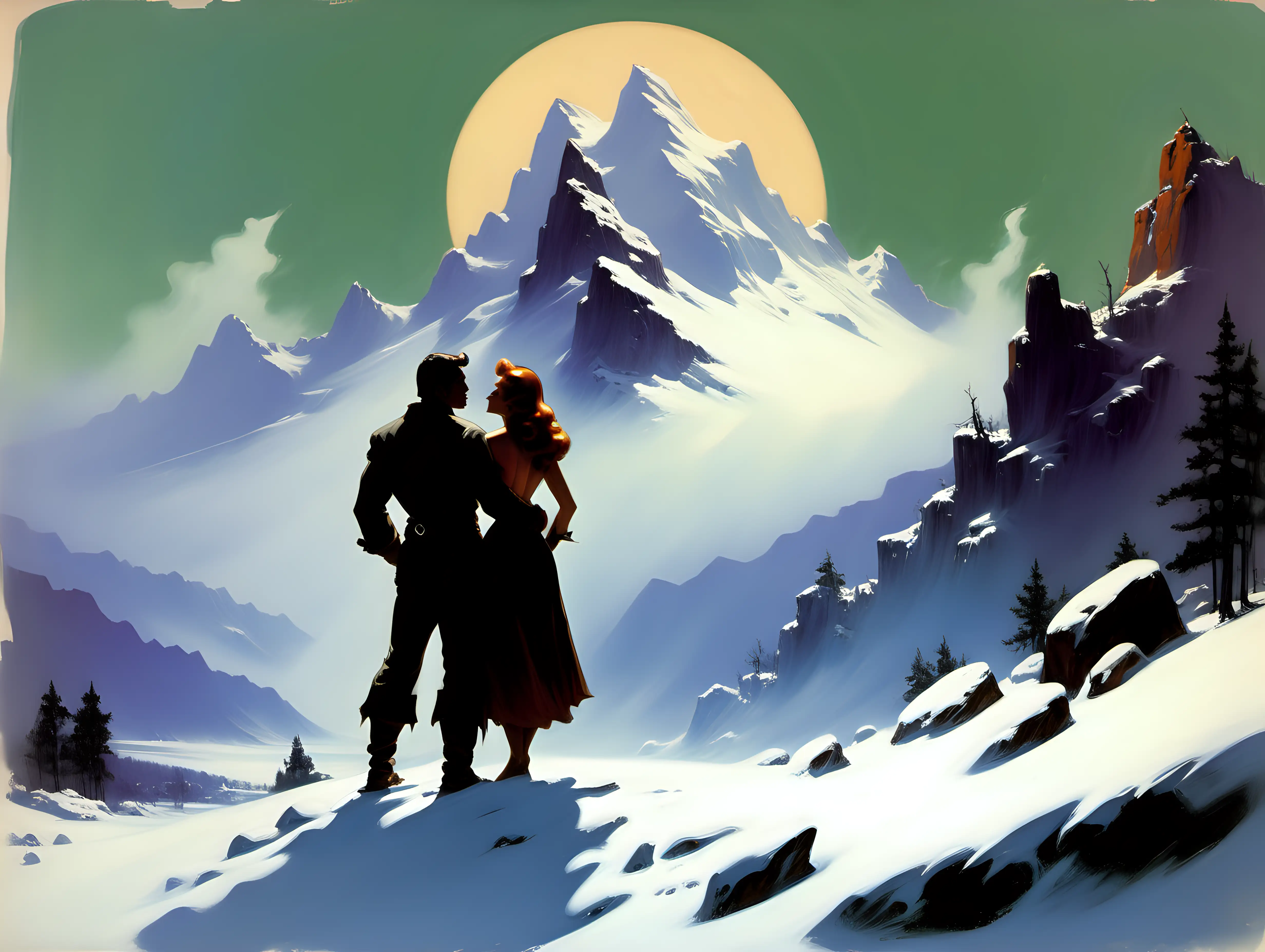 lovers looking at a snow capped mountain in style of romanticism by Frank Frazetta