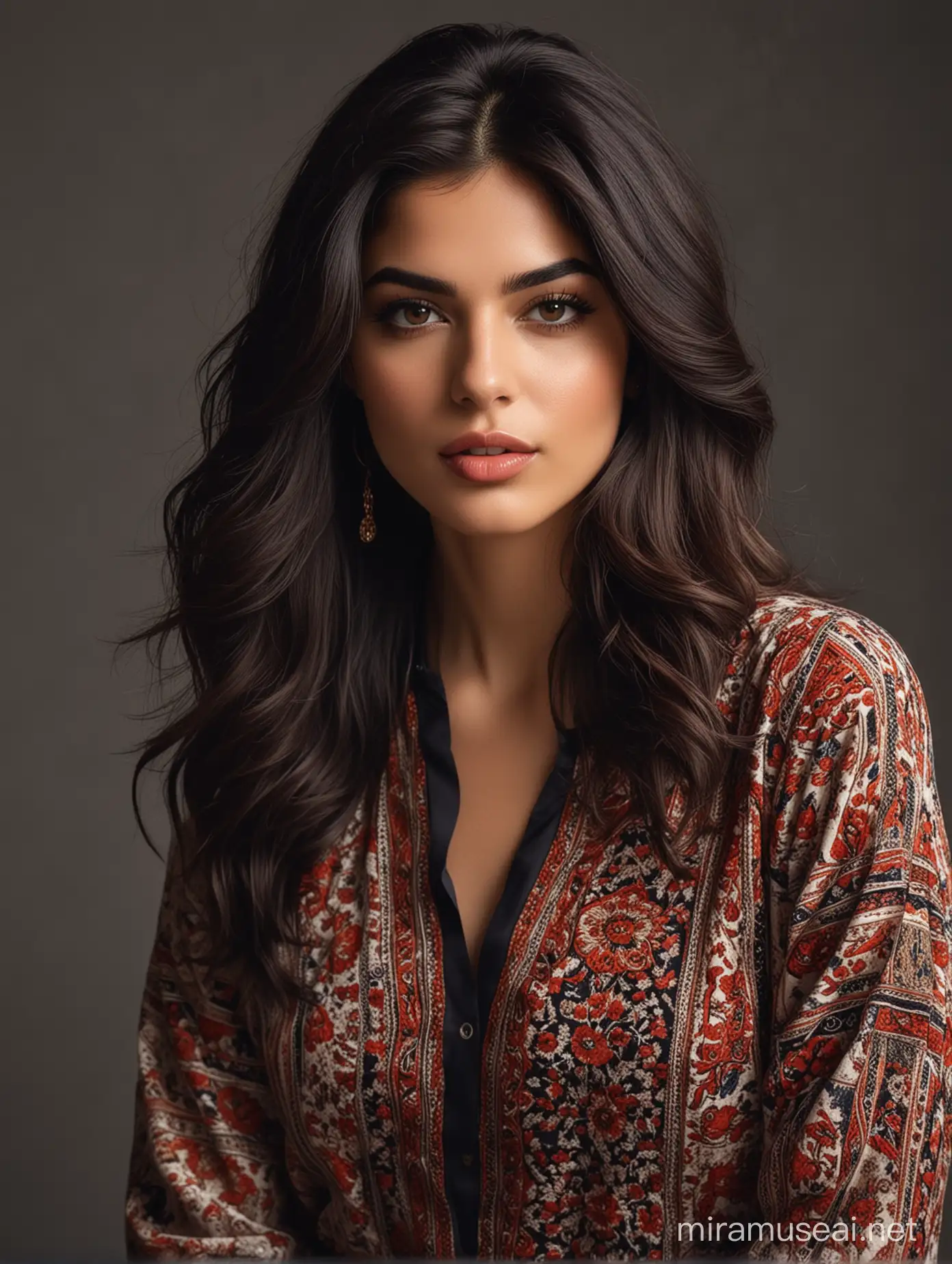 Create an ultra-realistic portrait of a modern Persian model exuding confidence and sophistication. The model has sleek, shoulder-length dark hair styled in loose waves. Their complexion is radiant, with a sun-kissed glow, and their makeup is subtle yet enhancing their features, emphasizing their expressive eyes and full lips. The model is dressed in high-fashion attire, perhaps a chic ensemble blending traditional Persian elements with contemporary flair. Think of bold patterns, luxurious fabrics, and stylish accessories. Place the model against a backdrop that reflects modern elegance, such as a sleek urban setting with architectural elements or a trendy studio space with soft, diffused lighting. Capture the model's poise and charisma, embodying the fusion of tradition and modernity that defines Persian fashion today