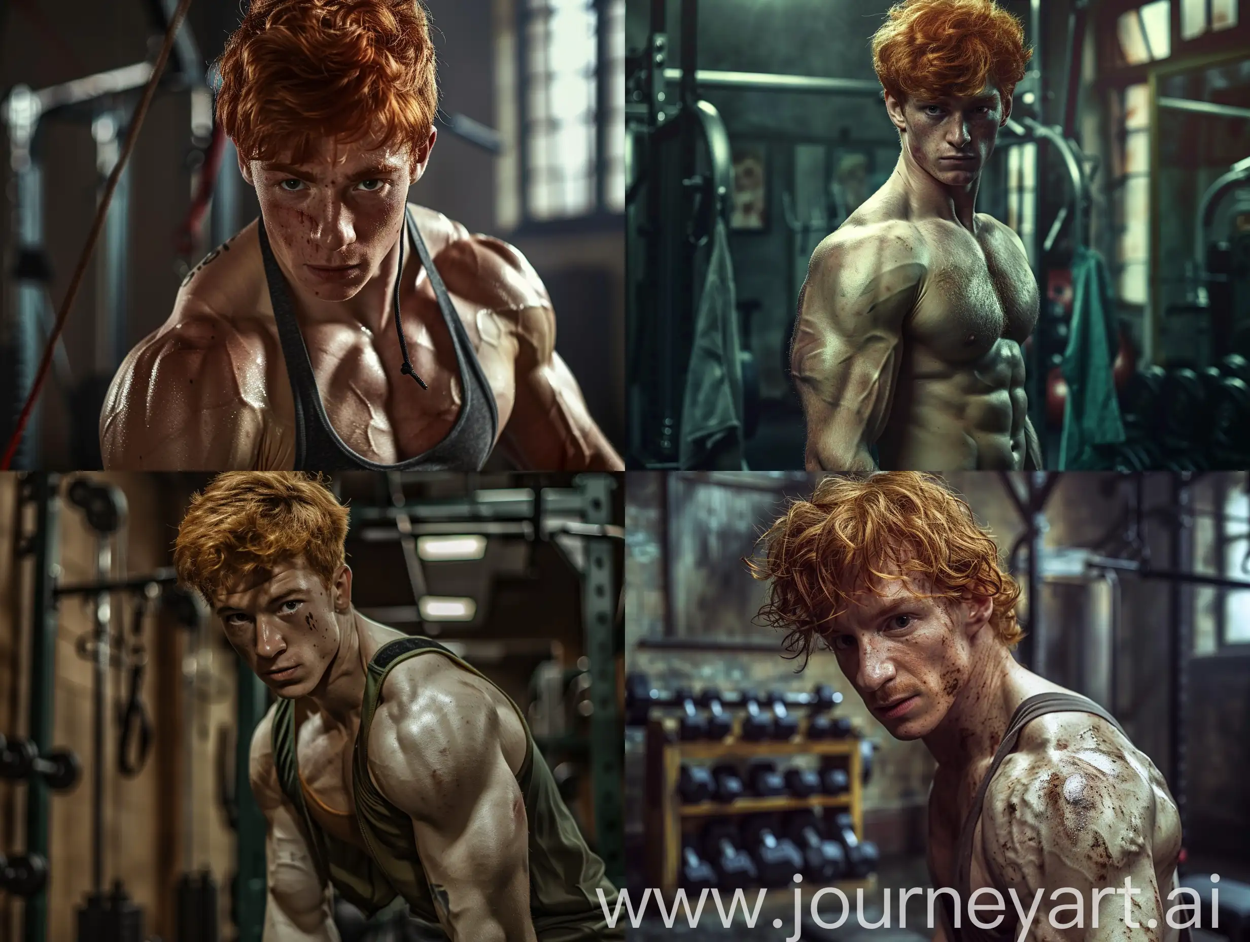 Fred Weasley's character from the Harry Potter movie, with a fit and muscular body, in the corner of the gym, wearing sports clothes, look at the camera, Magicians gym background, realistic, cinematic lighting, q2