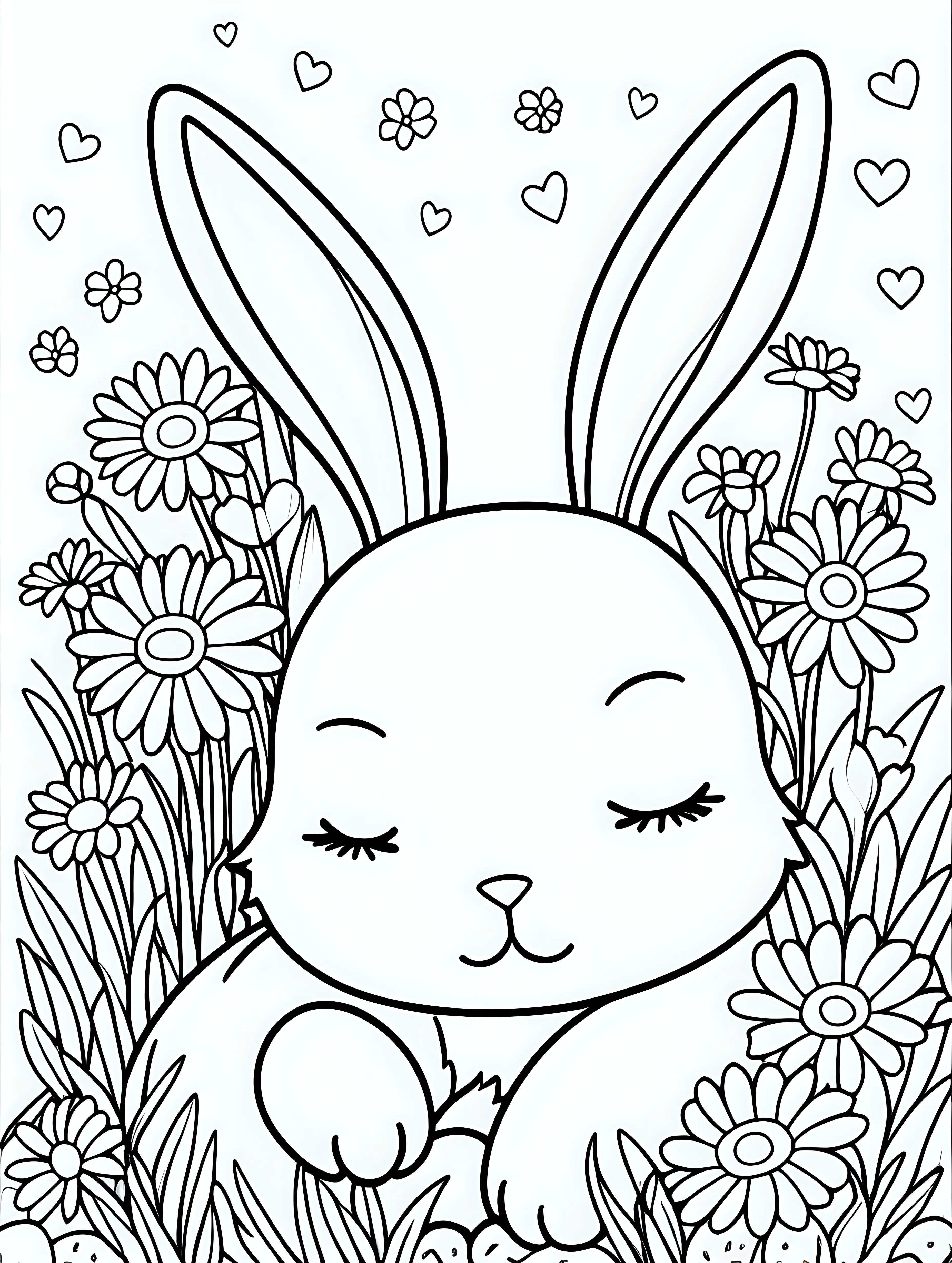 coloring page for kids with a cute kawaii bunny sleeping next to a bush full of daisies, black lines white background, only black and white