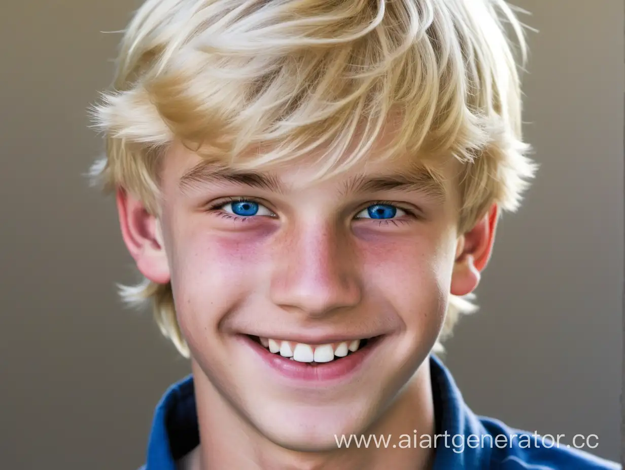 A 15-year-old guy with blond hair, a smile on his face and blue eyes