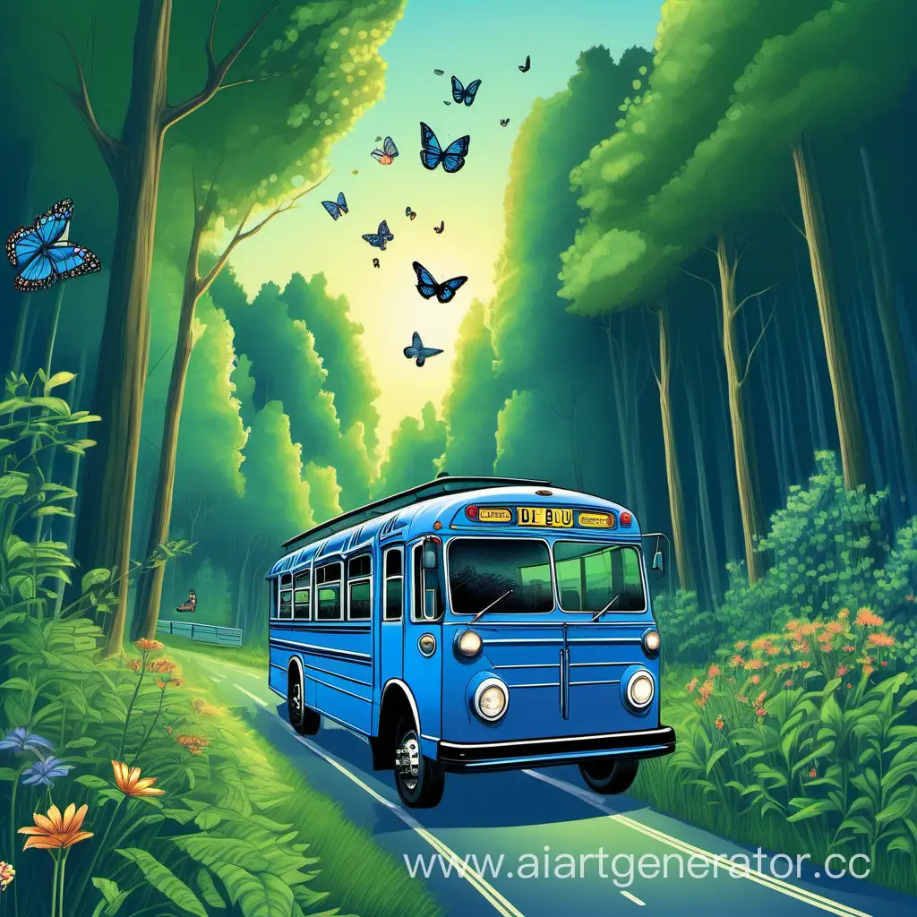 Голубой бус в американском стиле едет по лесной дороге. На улице лето, рассвет. Вокруг зелёные деревья и кусты, поют птице и летают бабочки.