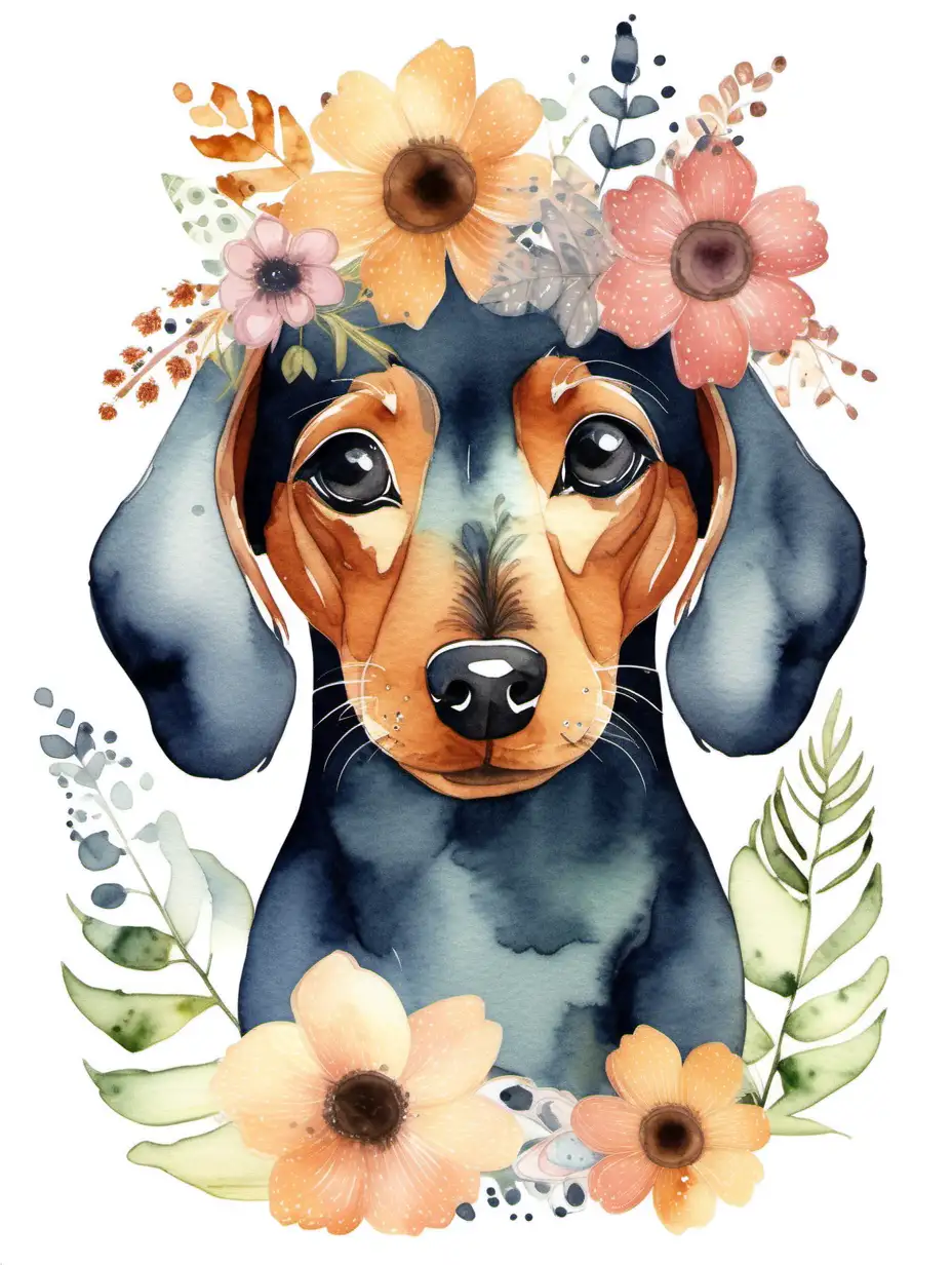 watercolour boho dachshund, isolated background, suitable for a nursery