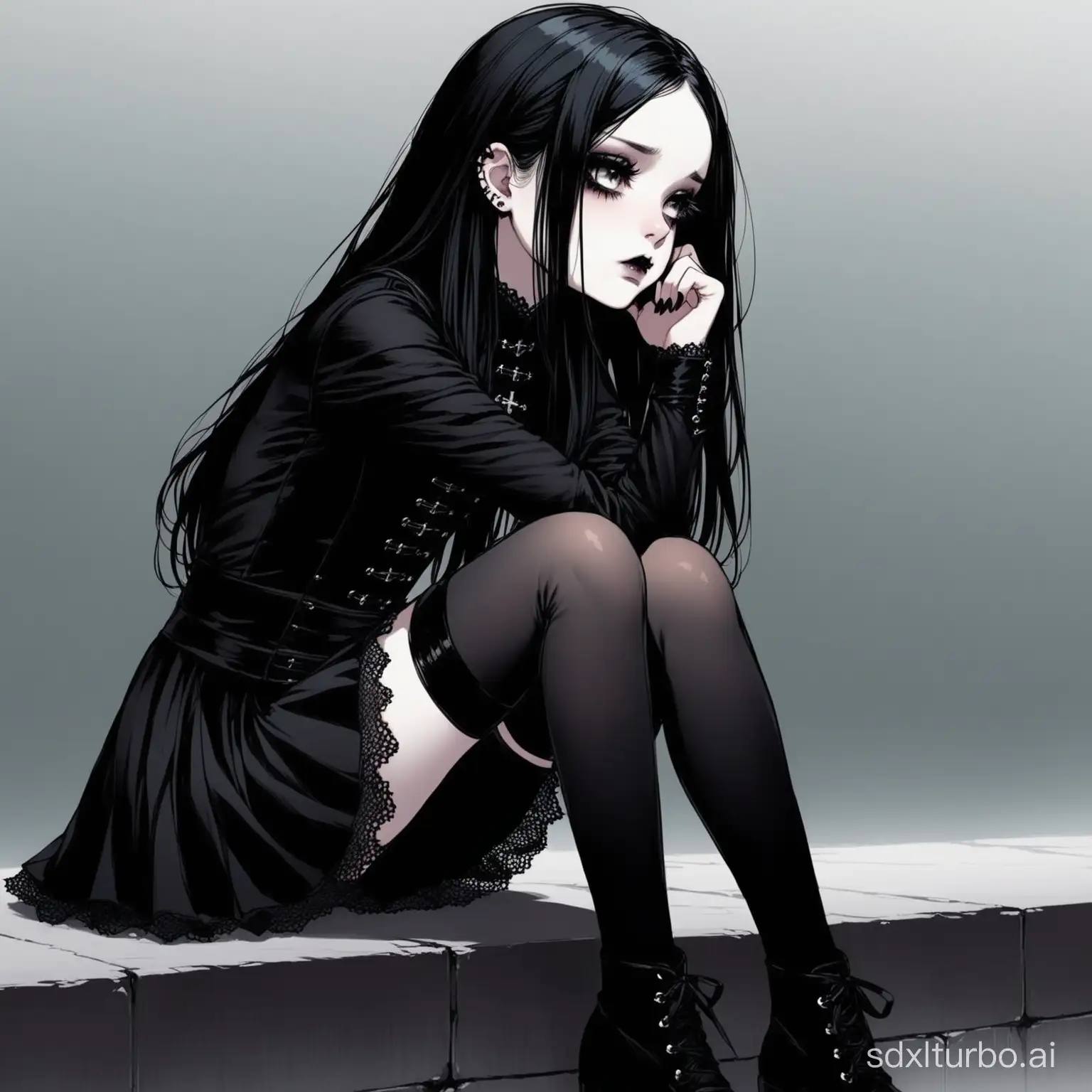 A petite, pale, goth girl, sat in deep thought