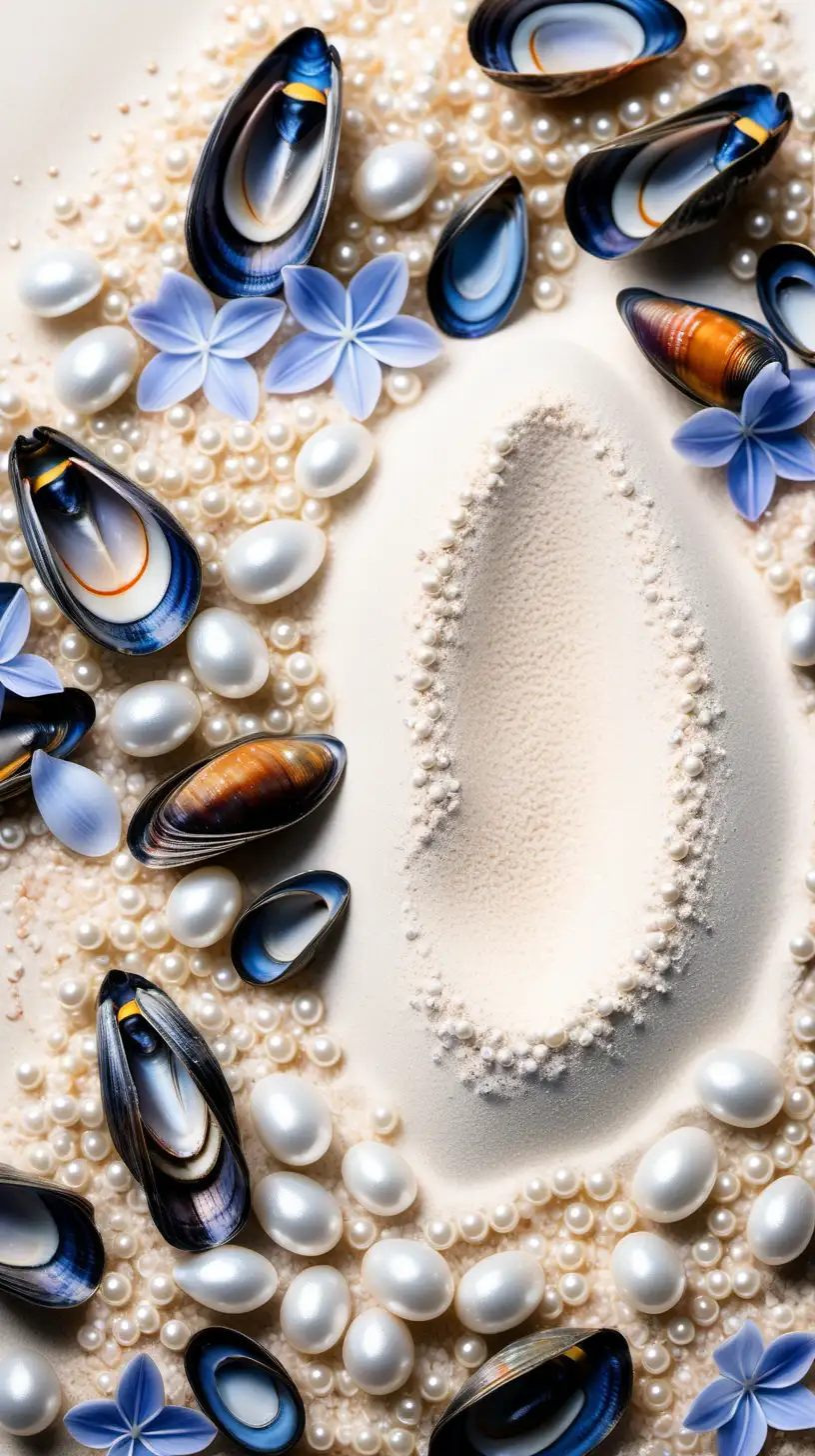 Tranquil White Sand with Pearls Mussel Shells and Dust Blue Petals