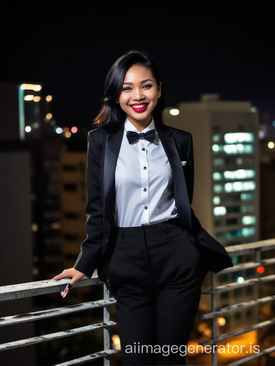 It is night.  On a scaffold on the ledge of a building.   A pretty smiling and laughing Vietnamese woman with tan skin, shoulder length black hair, and lipstick, is walking straight forward, looking at the viewer.  She is wearing a tuxedo with a black jacket and black pants.  Her shirt is white with double French cuffs and a wing collar.  Her bowtie is black.   Her cufflinks are large and black.  She is wearing shiny black high heels.  Her jacket is open.