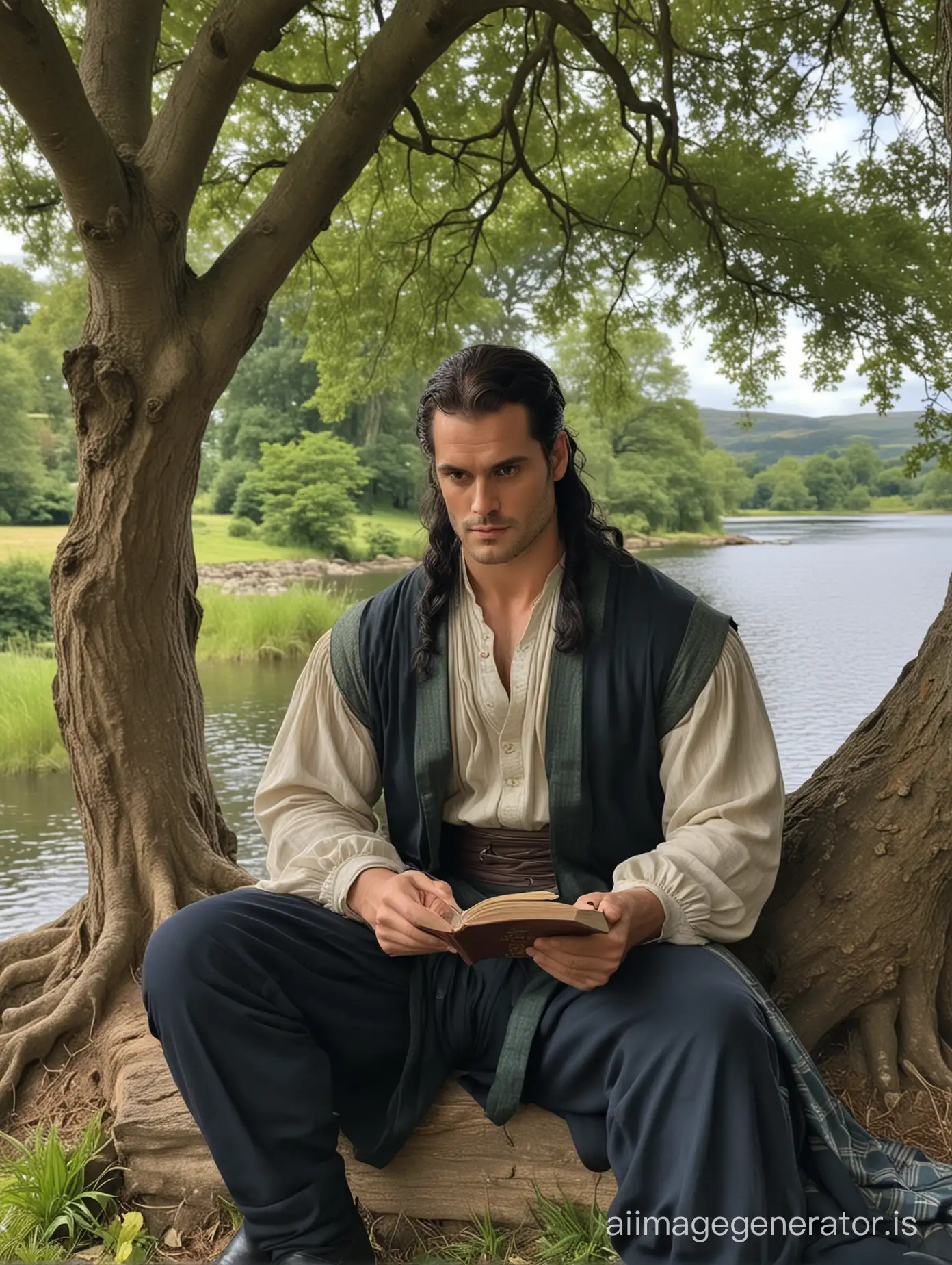 A Renaissance Highlander who looks like Henry Cavill, long black hair over the shoulders with a single braid on one side of the temple dark eyes hiperealistic sitting under a tree reading a book under a tree in front of a lake in Scotland