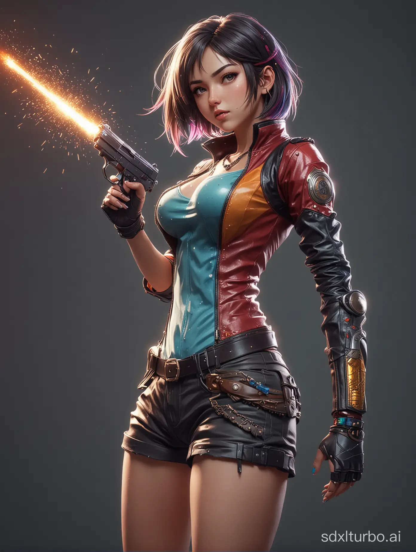 rendered anime girl shooting a bullet, full body, Mysterious, Cholo, Futurism, side view, CGsociety, Contrasty, Mosaic, multicoloured colors, Dreamy, halfrear lighting, Highly detailed