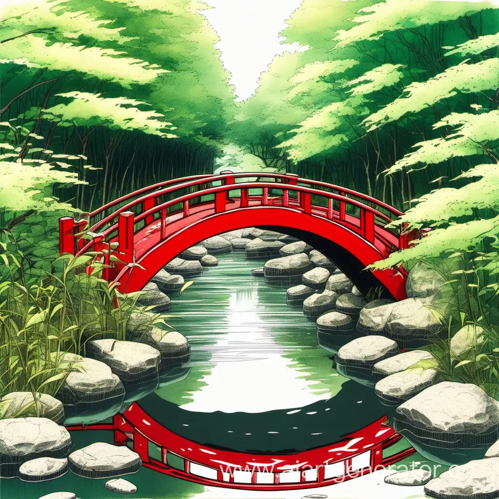красный маленький мост над рекой в японии,а вокруг зелень. С надписью снизу Mr.Question Mark - Japanese bridge