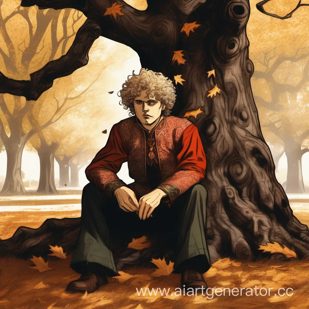 парень со светлыми кудрявыми волосами сидит под дубом, он расстроен, дуб чернеет снизу, с дуба осыпаются листья, парень в традиционной русской одежде
