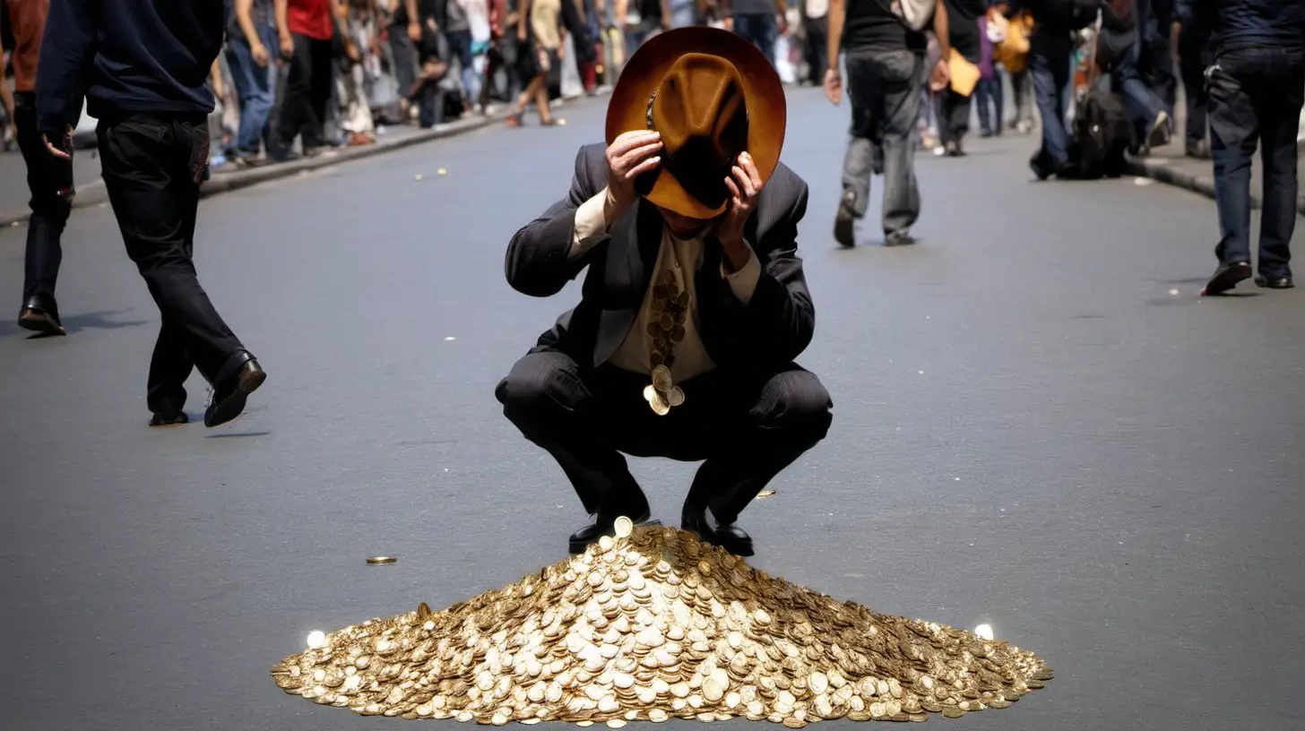 in street ,a man hold a guitar busker's hat ,a lot of gold coins fall out of the busker's hat