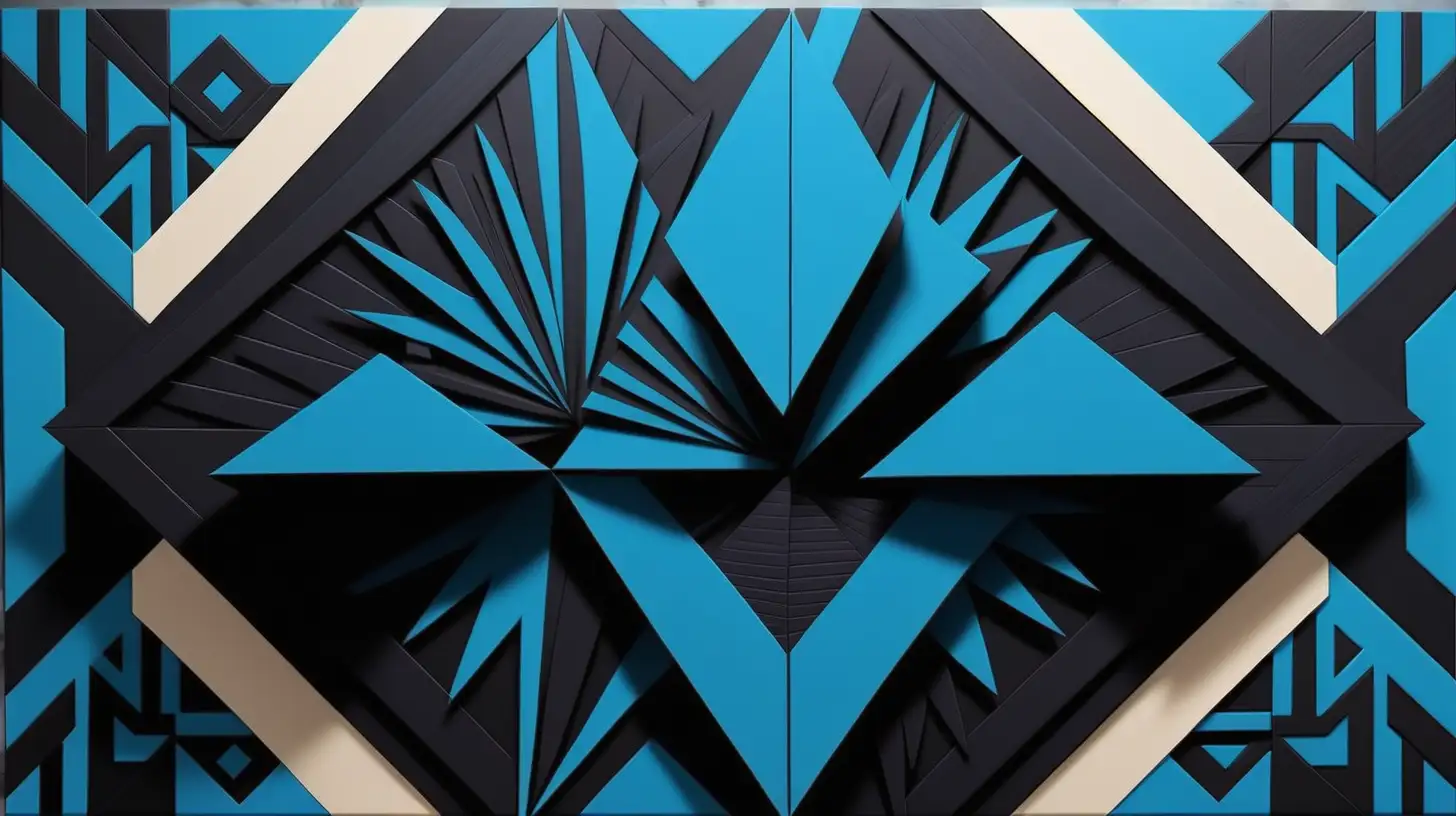 The picture should be vibrant, strong, and abstractly designed. the blue-black and geometric designs
