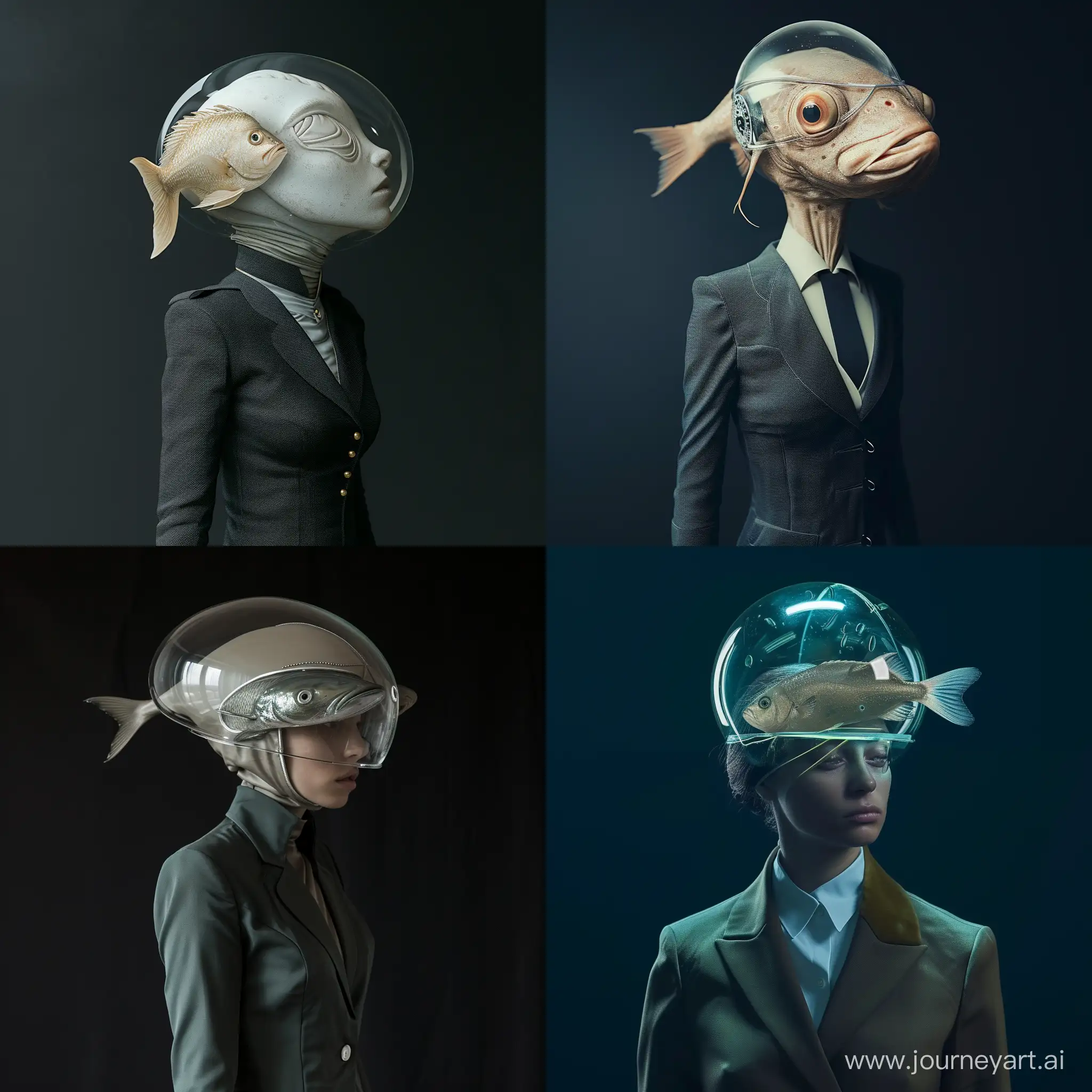 Super realistic photo of a Women-alien wears suit with a plexiglass helmet fish on the head flat dark background, Instagram stories proportions 