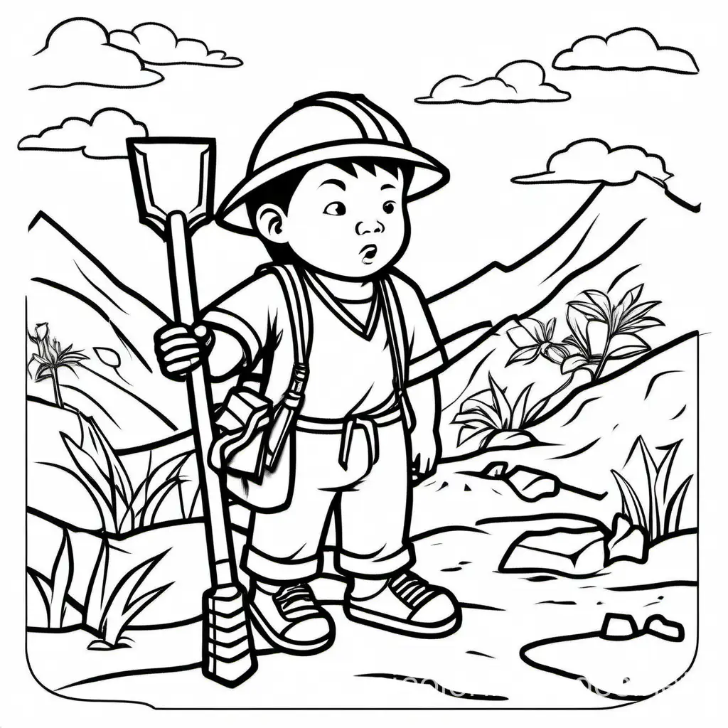 Chinese archeologist worried holding a shovel because digging is a lot of work, Coloring Page, black and white, line art, white background, Simplicity, Ample White Space. The background of the coloring page is plain white to make it easy for young children to color within the lines. The outlines of all the subjects are easy to distinguish, making it simple for kids to color without too much difficulty.