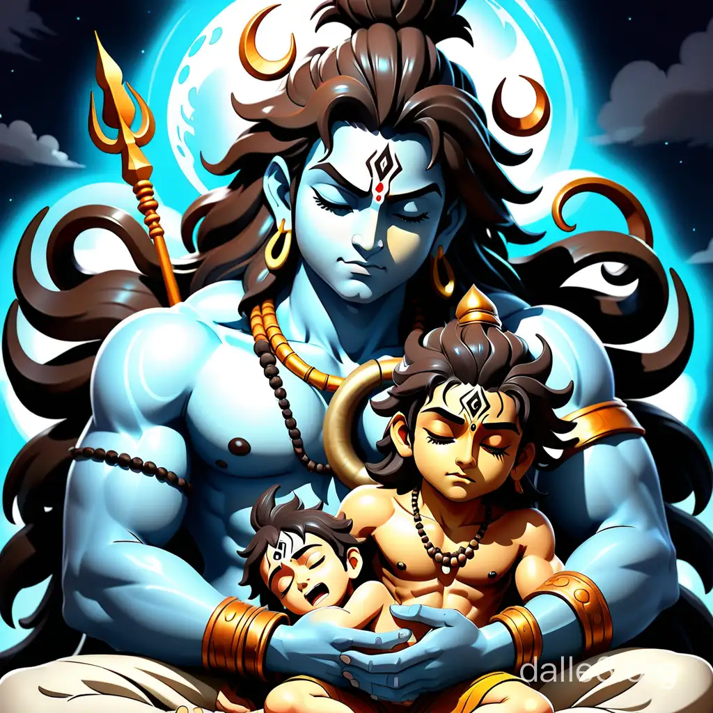 create an image of mahadev and a boy where boy sleeping on mahadev lap and Ram hands on its head anime