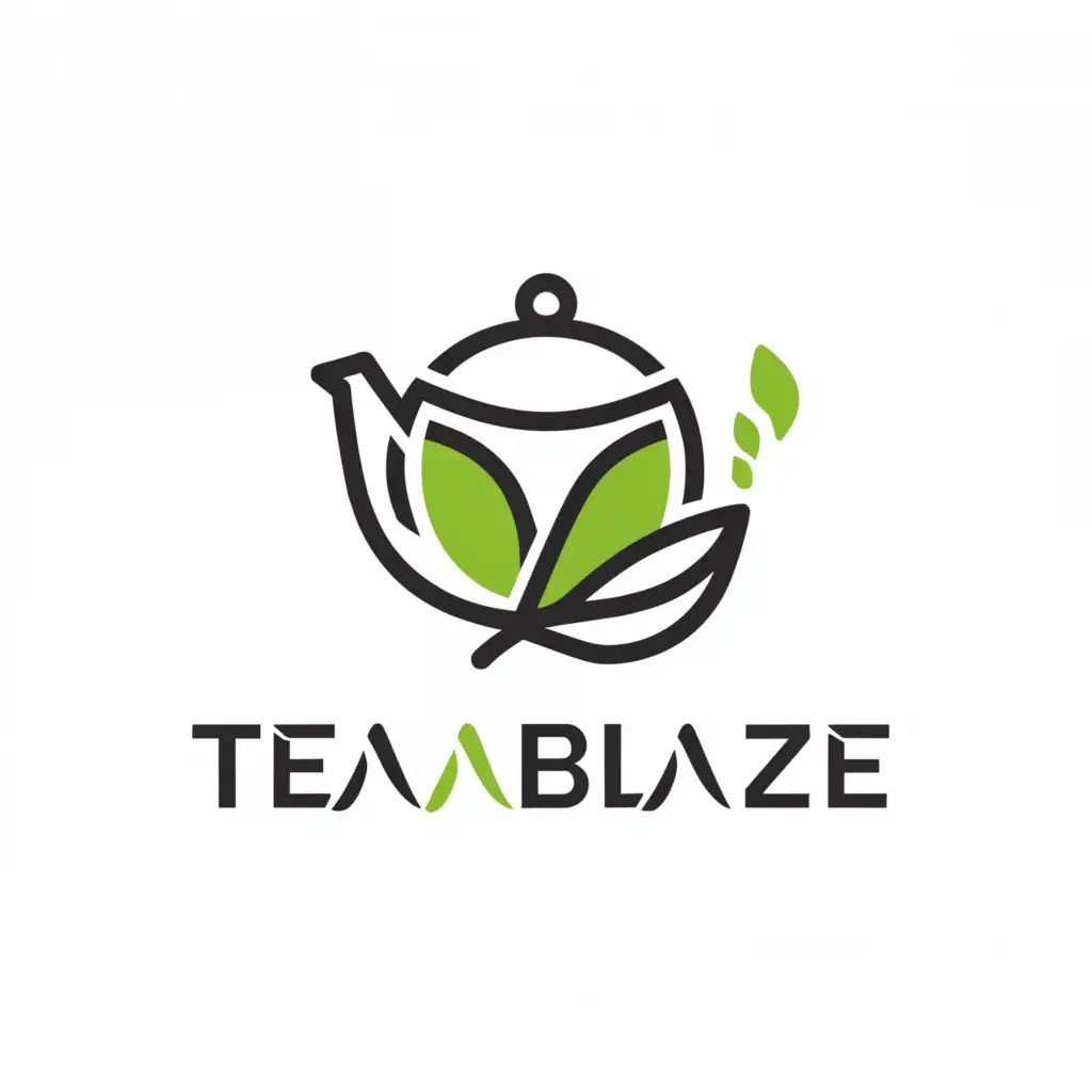 a logo design,with the text "Teablaze ", main symbol:Tea leaves with steaming tea kettle,Minimalistic,clear background