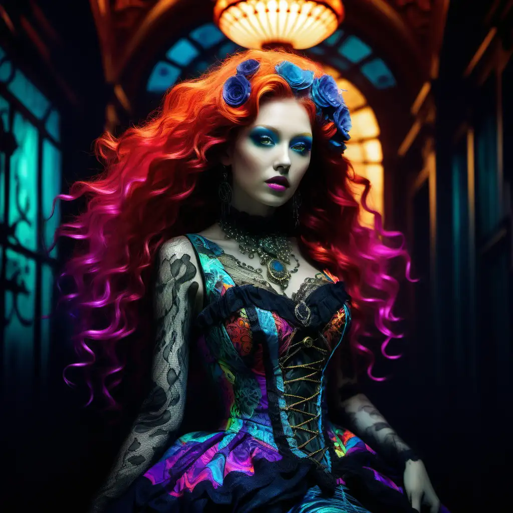 An electrifying neo-Victorian siren beckons with her alluring gaze, her vibrant hair cascading in neon colors, and her ornate gown adorned with intricate lace and glowing, fluorescent patterns. In this mesmerizing photograph capturing her essence, the siren's captivating beauty thrives against a backdrop of contrasting darkness and breathtaking technicolor. Every detail is sharply defined, and the image radiates a sense of audacious elegance, drawing viewers into a world where tradition meets extraordinary modernity.