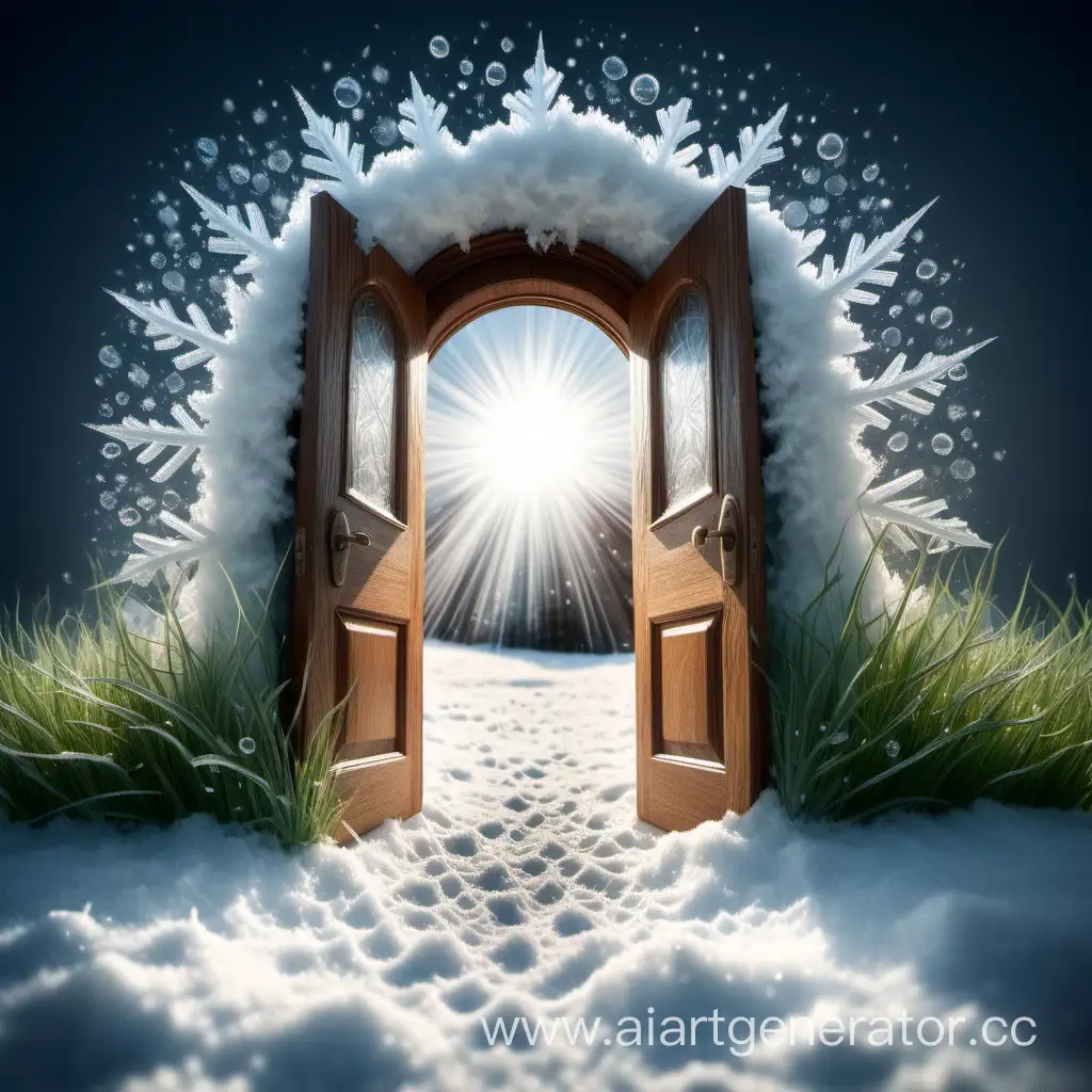 Дверь из зимы в лето. Контраст, мороз и жара, зима и лето, перед дверью снег, за дверью трава и солнце. Фантастика, эстетика, красивая природа, акцент на лето за дверью, снежинки летят в дверь и превращаются в капли воды. 