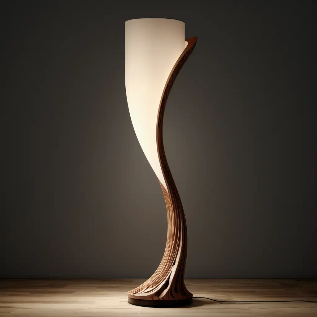 wood floor lamp design, concept design, influenced by nature, curved, carved,  minimal, ultra realistic, studio lighting, photo shoot, highly detailed, 3D --ar 3:2